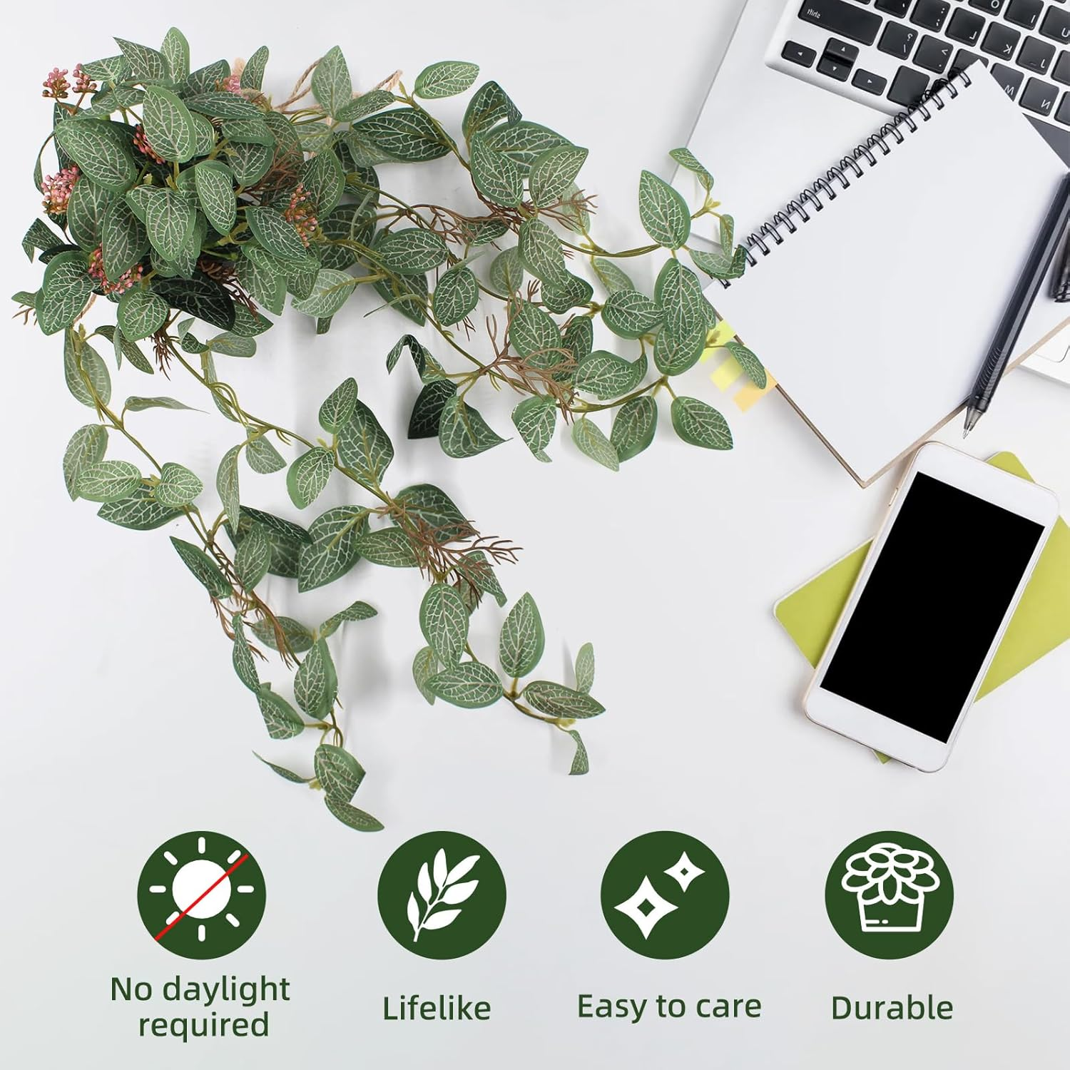 2 Pcs Artificial Hanging Plants Realistic Watermelon Texture with Flower Buds Fake Potting Leaves Faux Peperomia Vine Green Plants for Indoor Outdoor Home Garden Decor - A image number 3