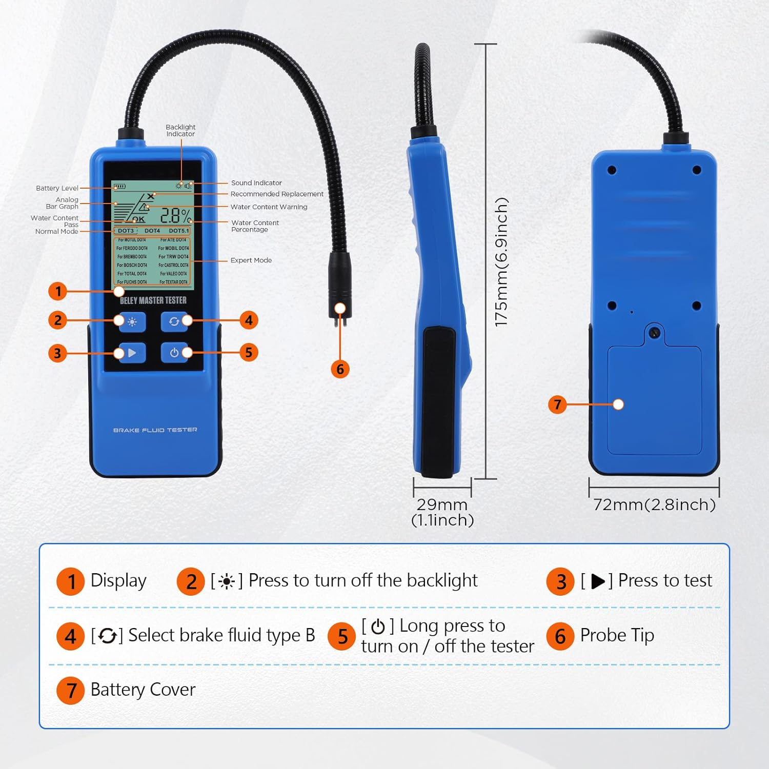 Car Brake Fluid Tester for DOT3 DOT4 DOT5.1 Brake Fluid Tester Boiling Point 2.2 Inch Ecran Backlight Tester Brake Fluid with High Sensitivity Test Probe 710 Mm image number 3