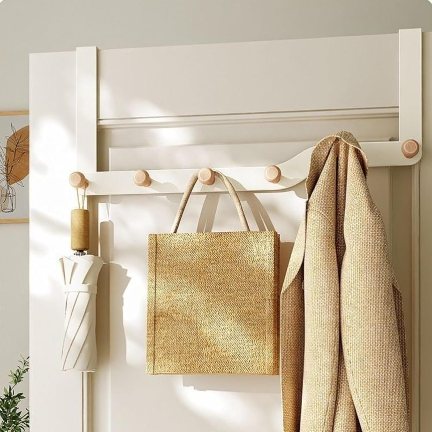 Over the Door Hooks, over Door Coat Hanger，Clothes with 6 Wooden Door Hooks,Door Hooks for Entrance Doors, behind Bedroom Doors, to Hang Clothes, Towels, Hats, Etc.(Cream White) - Premium Grey image number 3
