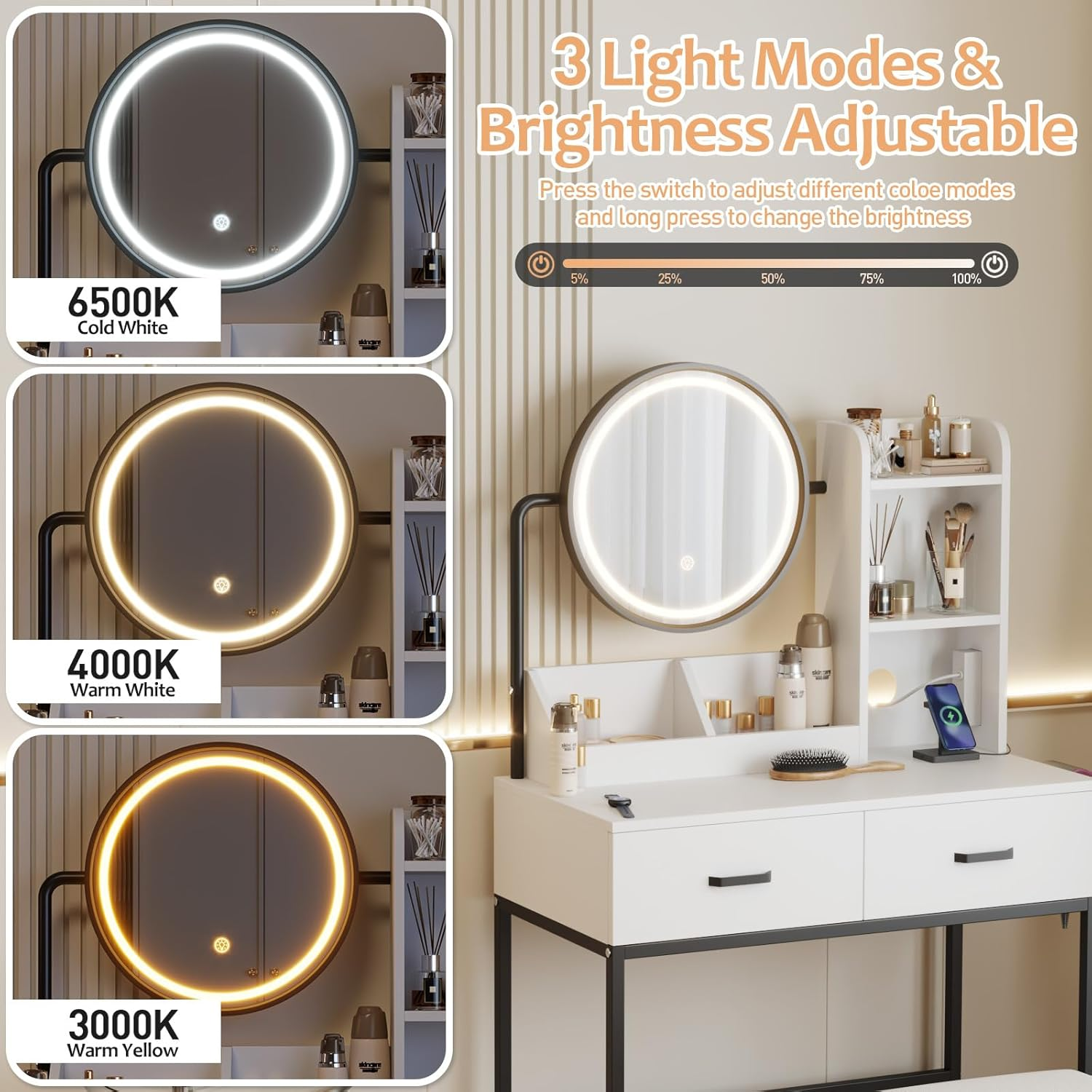 Advwin Dressing Table with 360&deg;Adjustable Mirror, Power Outlet and 3-Color LED Light, Makeup Vanity Desk Stool Set with 2 Drawers, 2 Trays and 3 Shelves for Bedroom (White Black) image number 4