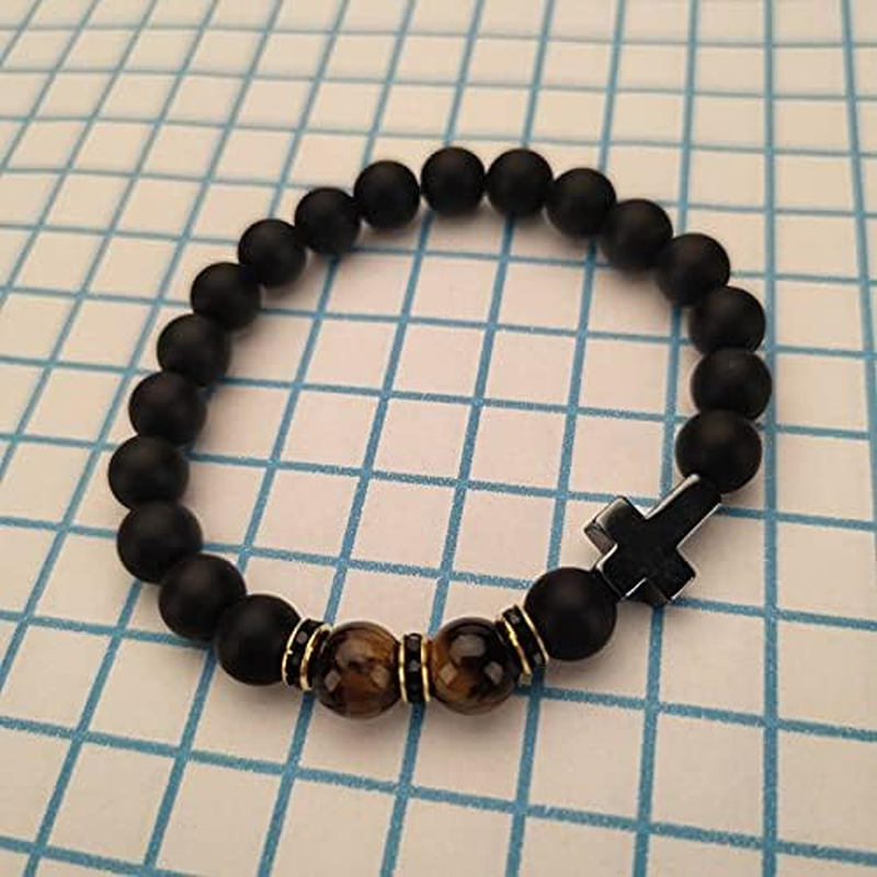 Cross Bracelet for Men Tiger Eye Catholic Rosary Bracelet for Men Boys Adjustable Natural Crystal Stone Bead anti Anxiety Stretch Bracelet