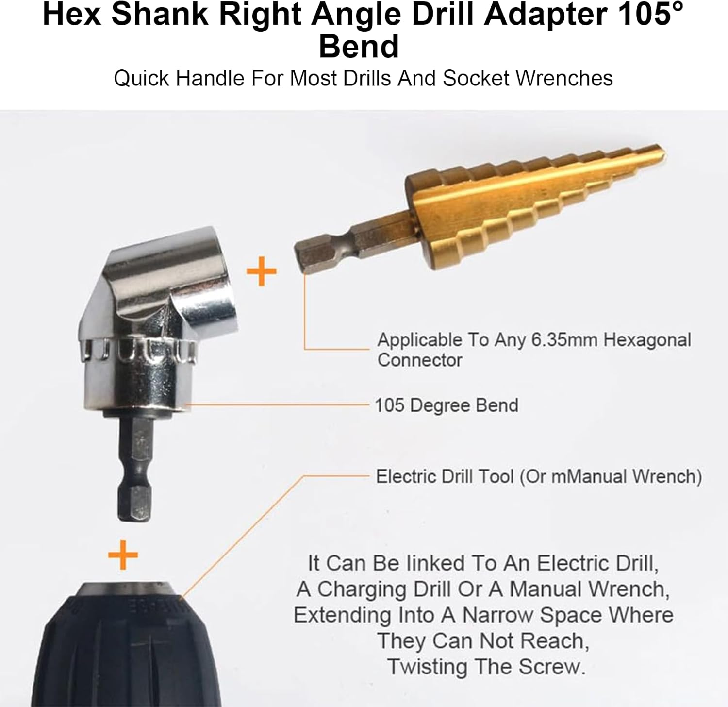 Rhoyee 105&deg; Right Angle Drill Adapter &ndash; 1/4" Hex Shank, Magnetic Quick-Change Bit Holder &ndash; Power Screwdriver & Drill Extension for Tight Corners, Hard-To-Reach Areas, DIY & Professional Use image number 6