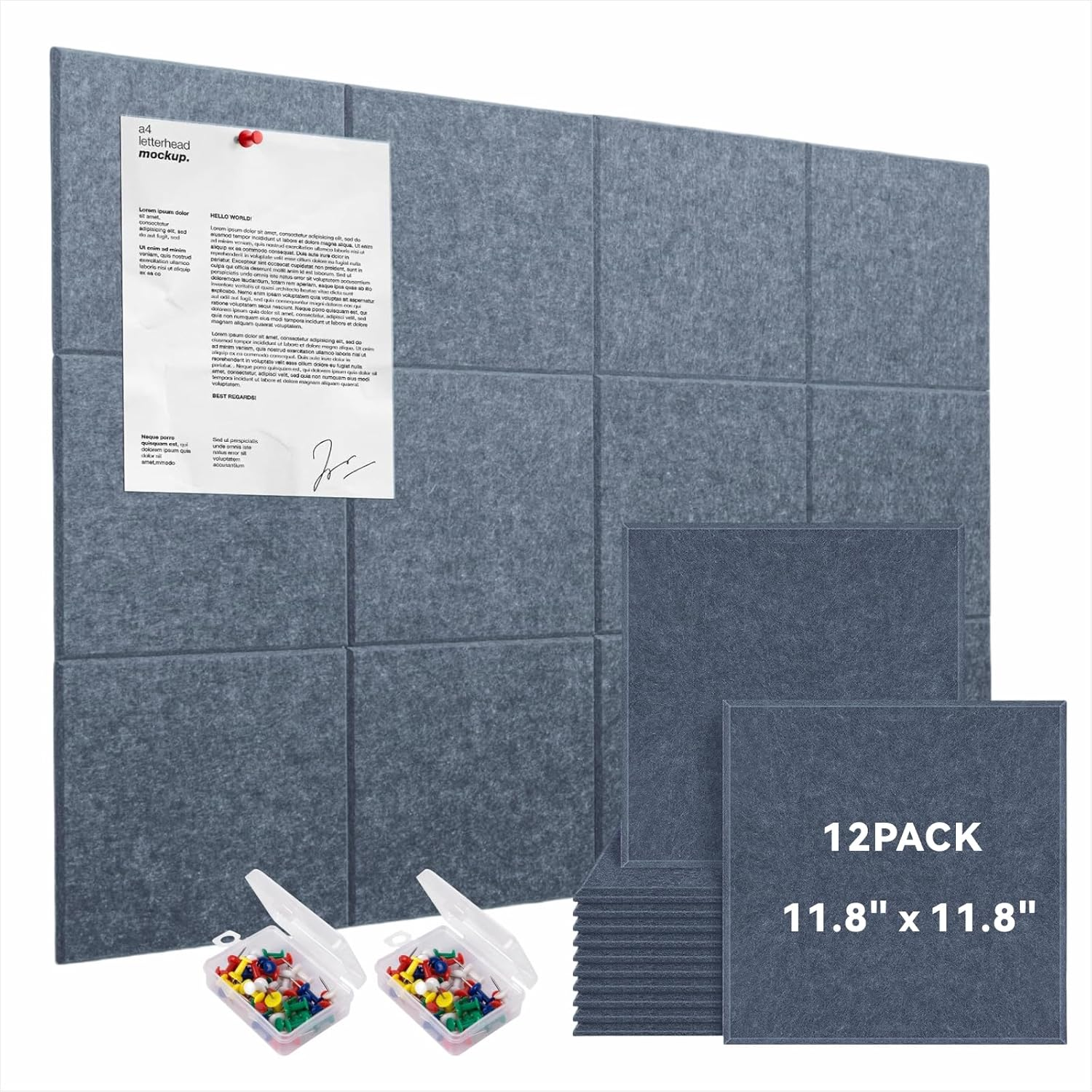 Large Felt Bulletin Board, 6 Pack 30 X 30 Cm Grey Pin Notice Board with 30 Pushpins and 36 Safe Removable Adhesive Tabs, Cork Boards Alternative, Felt Wall Tiles for Wall, Home, Office（Grey）