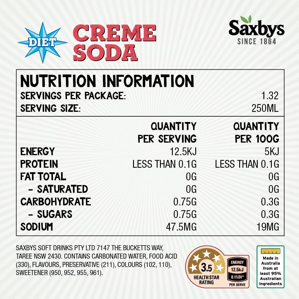 Saxby'S No Sugar Creme Soda 330Ml X 15 image number 1