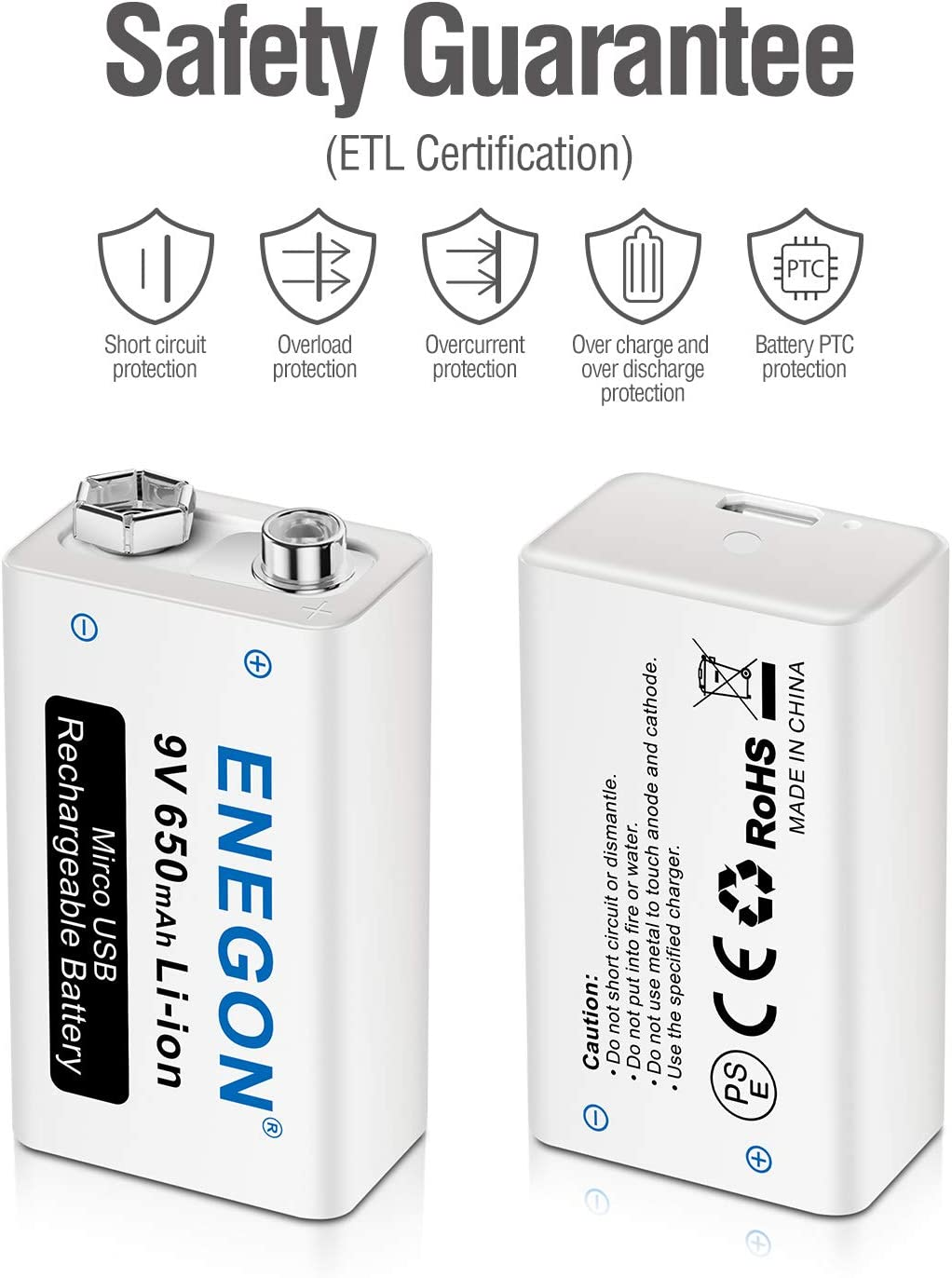 ENEGON 9V Direct USB Rechargeable Lithium-Ion 650Mah (5850Mwh) Batteries with 2 in 1 Micro USB Cable for Micro Phone, Smoke Alarms, Electronic Toys, Walkie-Talkie and More Devices (4-Pack) image number 2