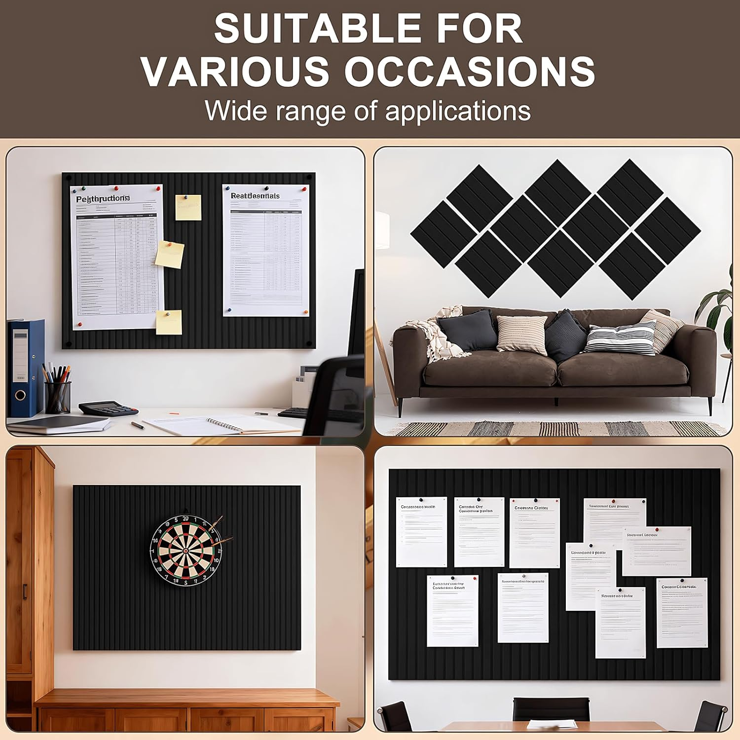 Large Cork Boards for Walls Alternative, 12 Pack with 60 Safe Removable Adhesive Tabs, 35 Pushpins, 120X90Cm Slat Wall Paneling for Walls Cork Board, Room Decor Home Office Classroom Pin Board (Black) - Black image number 3