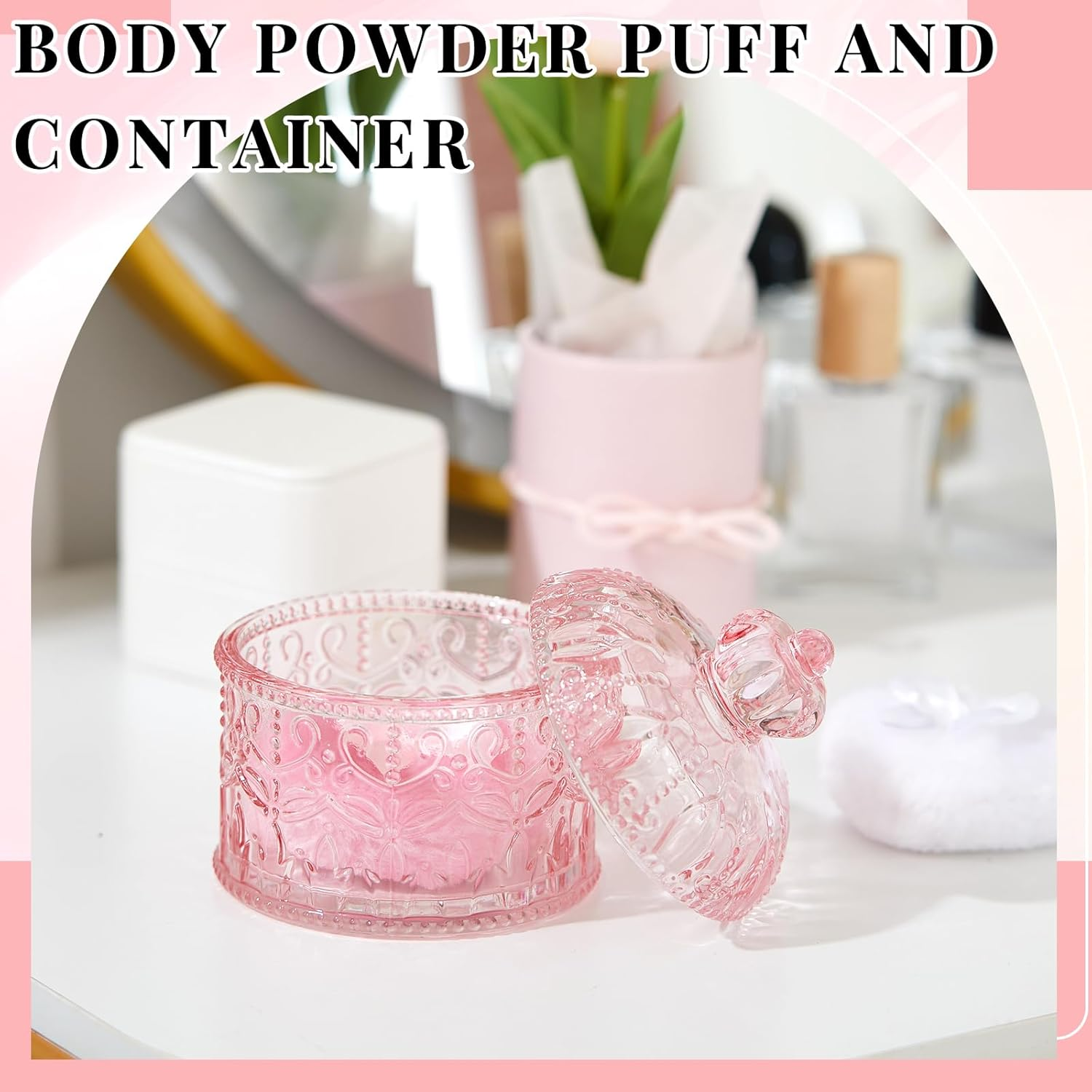 Tioncy 3 Pcs Large Body Powder Puff and Container Powder Container with Puff Powder Puff Crystal Container Soft Washable Reusable Velour Face Body Glitter Powder Puff Wet Dry Makeup(Pink, Crown) image number 3