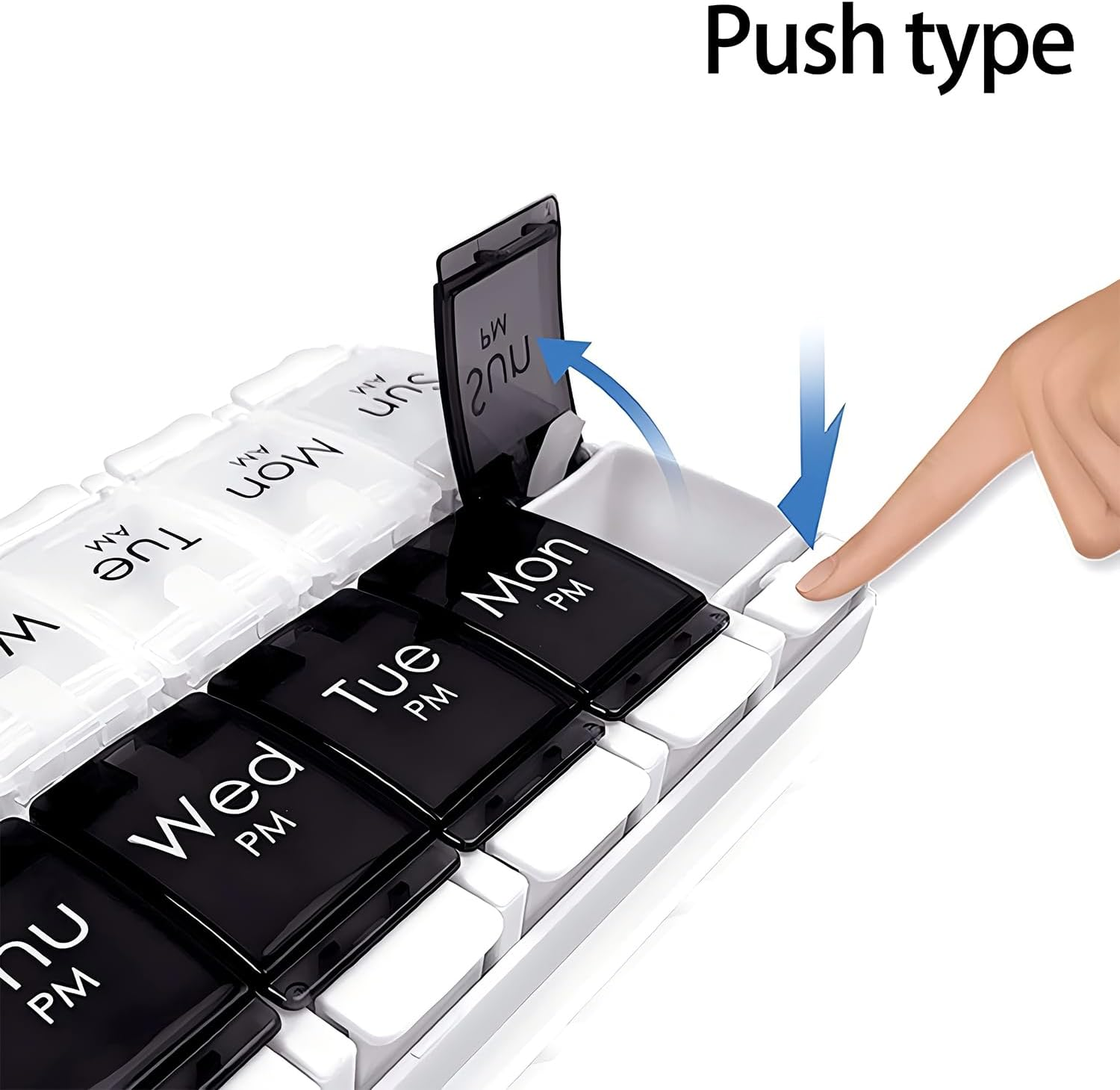 Push Button Pill Organizer 2 Times a Day, AM PM Pill Box 7 Day, 14 Compartments Pill Dispenser, Transparent Large Weekly Pill Container (Black and White) image number 2