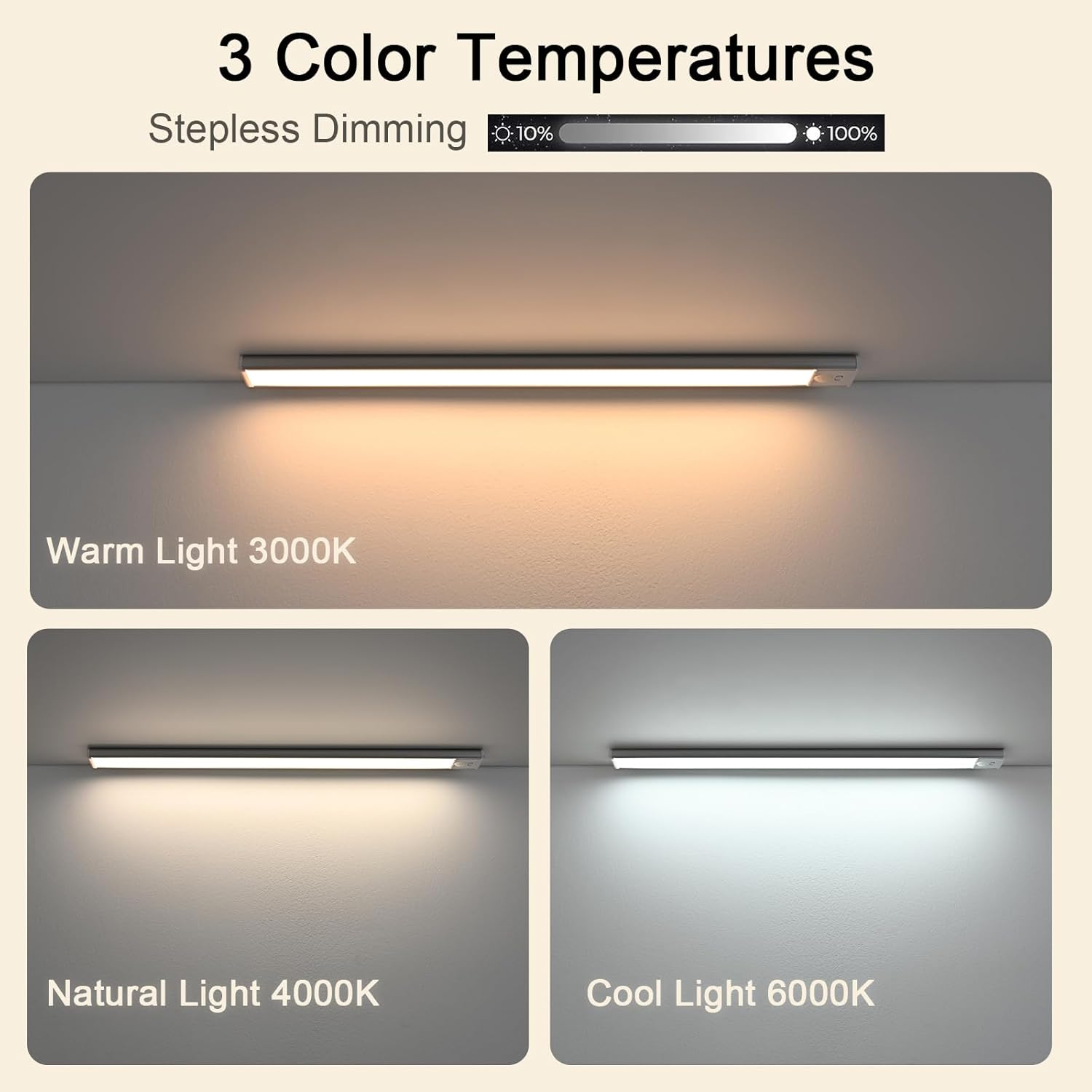 4 Pack Motion Sensor under Cabinet Lights,Upgraded Rechargeable 1100Mah Battery, Dimmable 3 Color Temps LED Light Bars with Magnetic Stick-On for Closet, Kitchen, Pantry, Stairs, Hallway image number 5