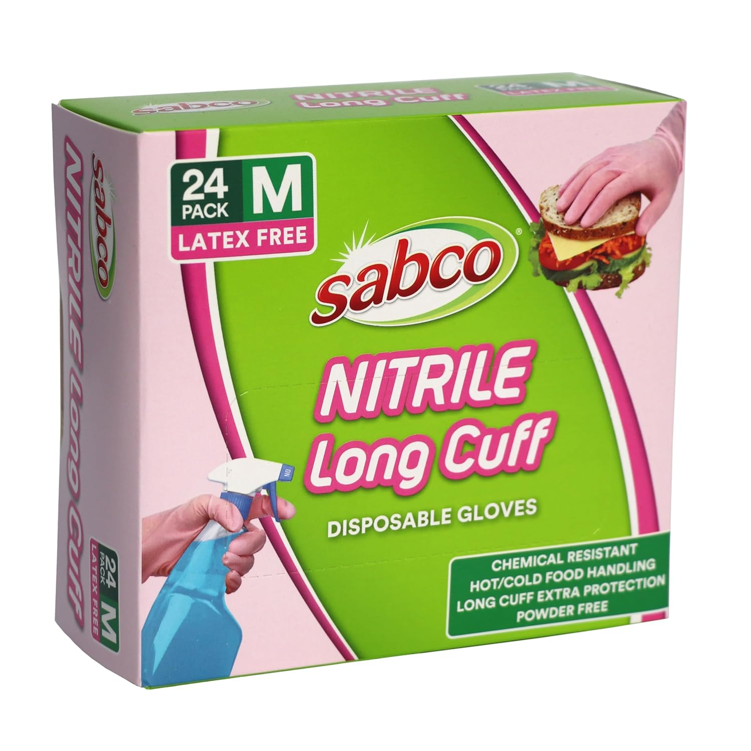 Sabco Nitrile Long Cuff Latex Free Disposable Gloves, Medium (Pack of 24)