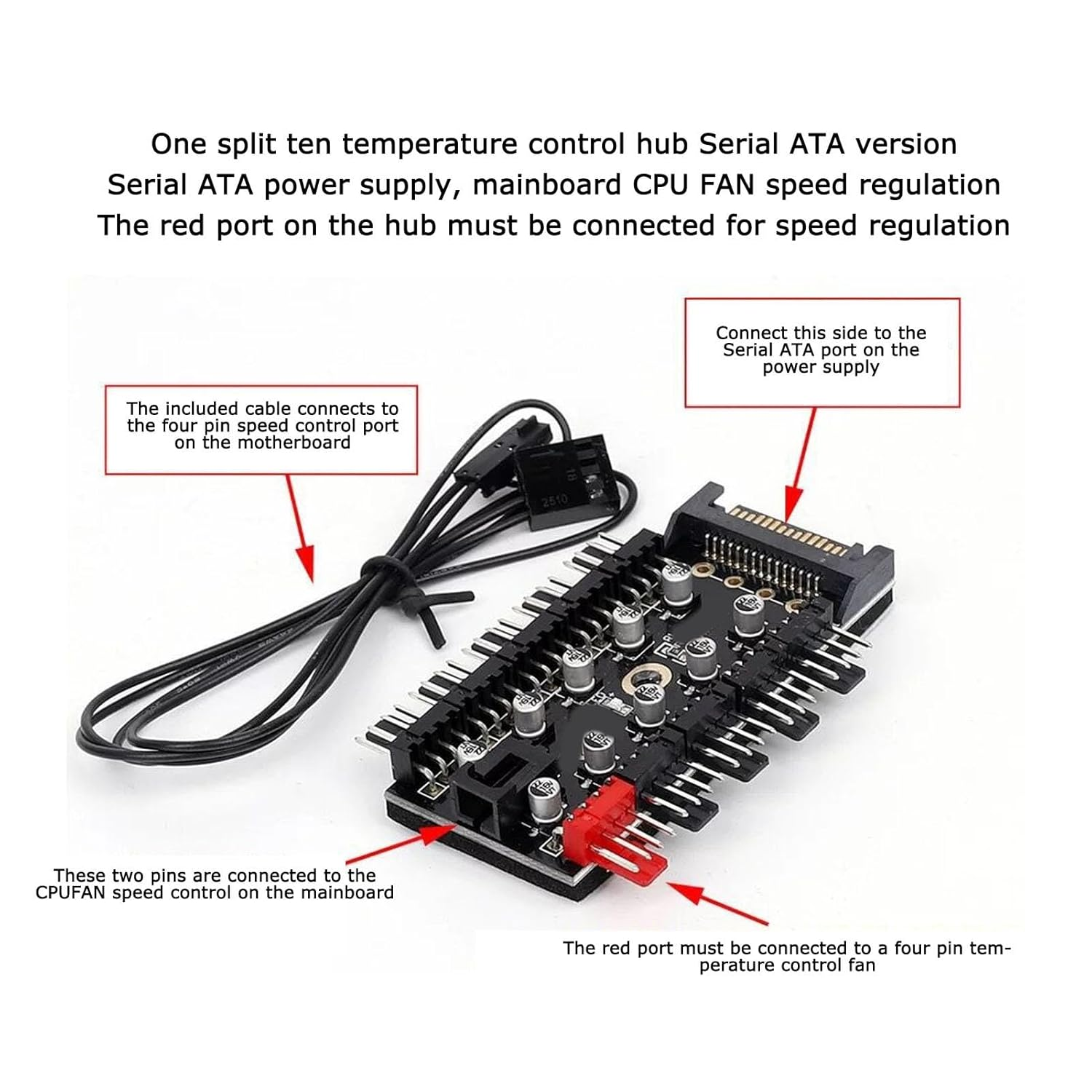 PC Chassis Fan Hub CPU Cooling Hub 10 Port 12V 4 Pin Fan PWM Hub, CPU Cooling Fan Hub for Computer Motherboard (Serial ATA Power) image number 6
