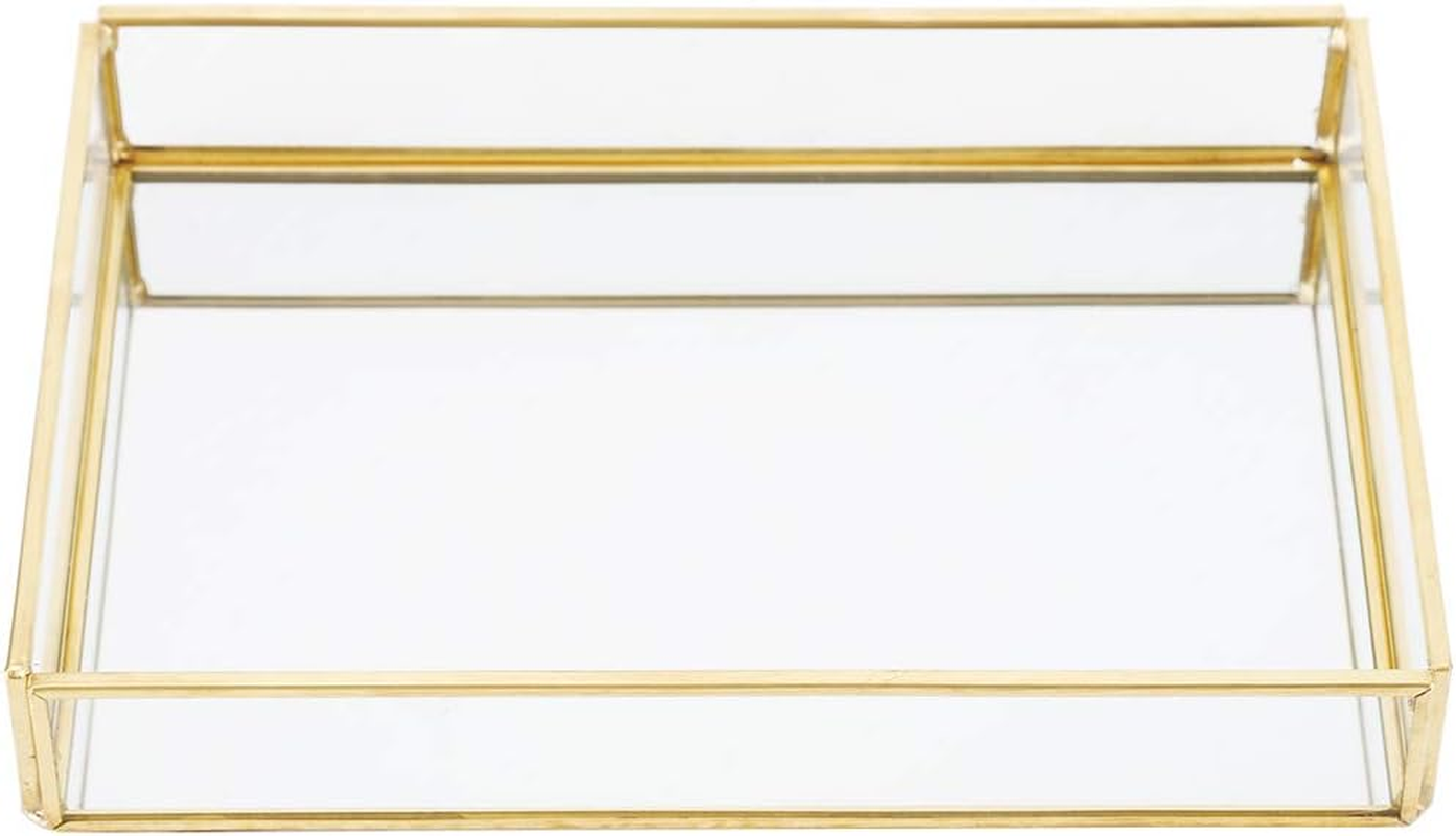 Haofy Vintage Mirror Tray Jewelry Cosmetics Display Boxes Metal Glass Storage Box Gold Tray Cosmetics Vanity Storage (S)