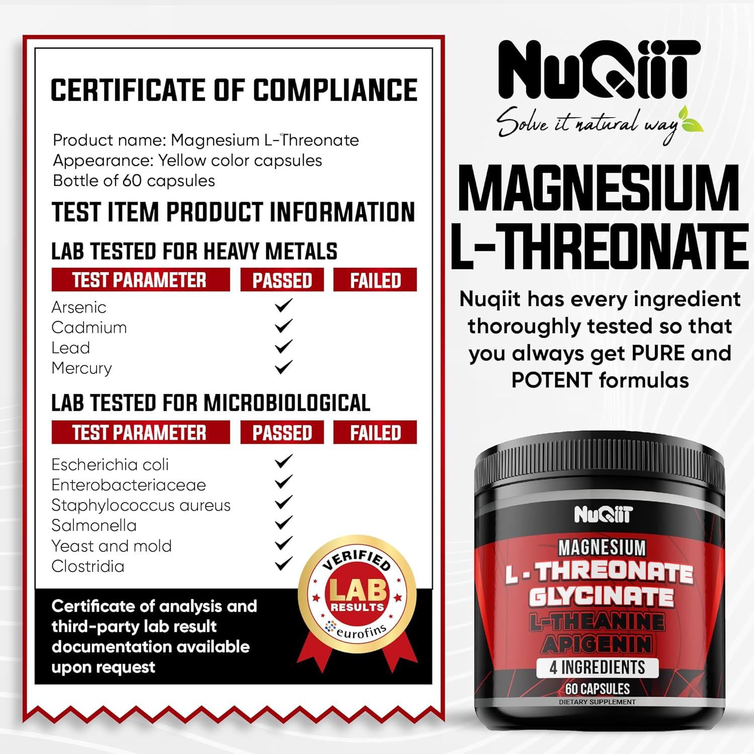 60 Capsules - Magnesium L-Threonate Capsules 500Mg Magnesium Glycinate 500Mg L-Theanine 200Mg & Apigenin 50Mg image number 4