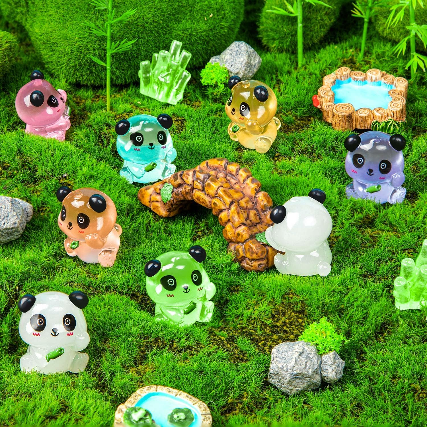 SYWHXY 20PCS Luminous Mini Resin Panda Cute Panda Figurines Miniature, Glow in the Dark Mini Panda Bamboo Bulk for Cake Topper Micro Landscape Dollhouse Garden DIY (Panda-7Colors) image number 2