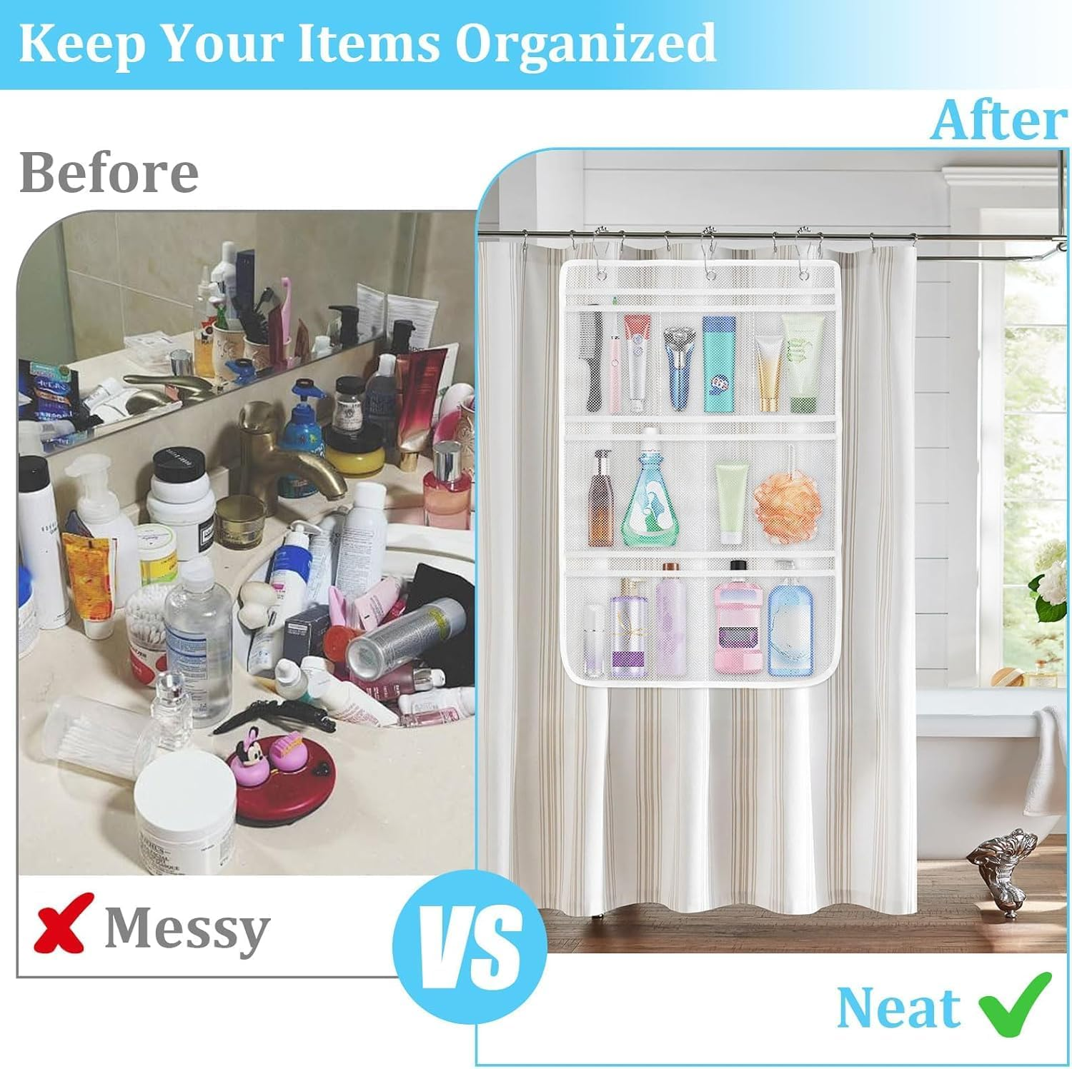 Mesh Shower Caddy Hanging Organiser -2 Pack Mesh Shower Bag with 7 Pockets Quick Dry Bathroom Storage Bag, Cruise and Dorm Essentials for Travel, Toiletry Organiser for Bathroom Shampoo Soap image number 1