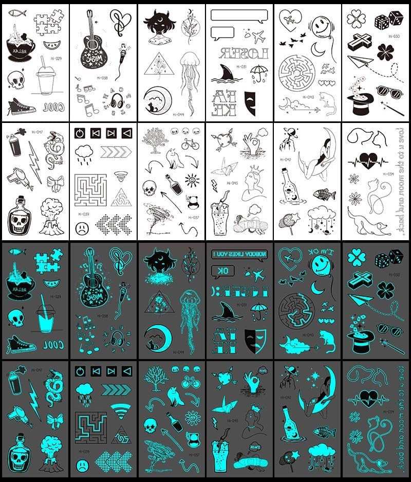12 Sheets Glow in the Dark Tattoos Sticker Waterproof - Temporary Tattoos - Minimalist Cool Gothic Design - Makeup Body Art Tattoo Sticker Pack for Adults Kids - 10.5X6Cm - Steadyink&reg; image number 4