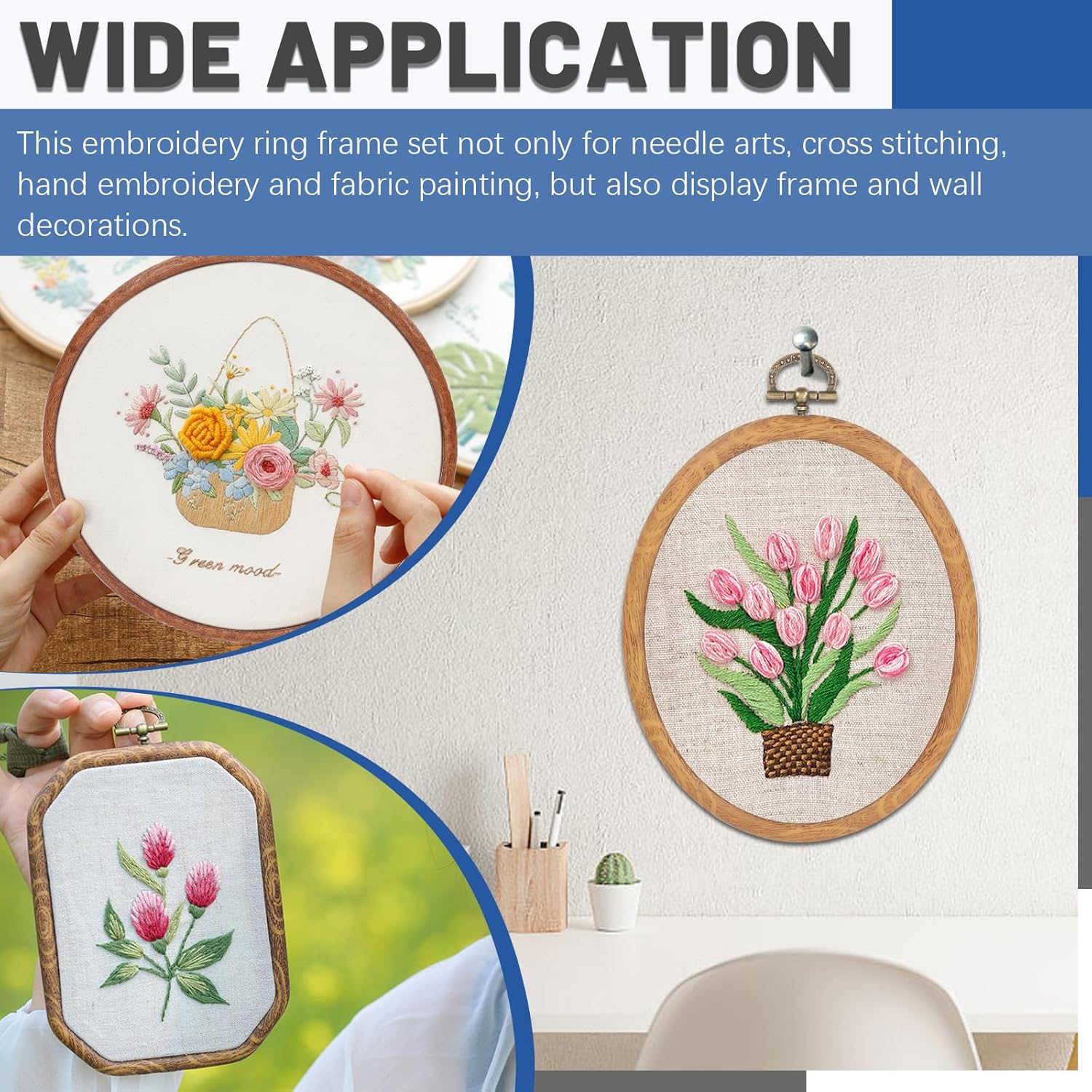 Glarks 4Pcs Embroidery Hoops Set Imitated Wood Display Frame, Circle/Oval/Octagon Reusable Cross Stitch Hoop Ring Ideal for Art Craft DIY Sewing and Hanging Ornaments Decor image number 3