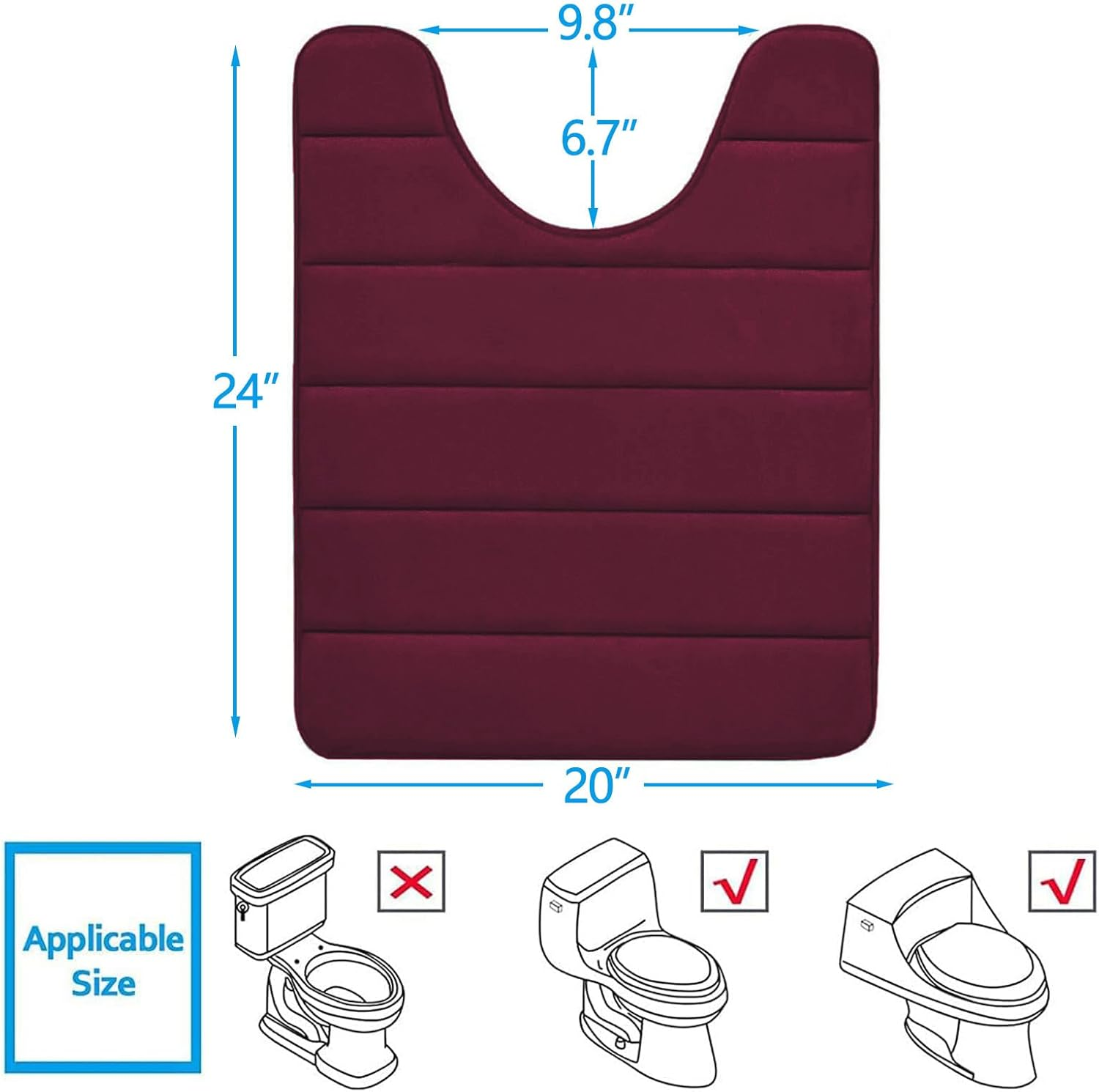 Buganda Memory Foam U-Shaped Contour Toilet Rugs, Non Slip Absorbent Toilet Mat, Thick Soft Washable Bathroom Rugs, Floor Carpet Bath Rugs Mat for Toilet Base (24" X 20", Burgundy) image number 4