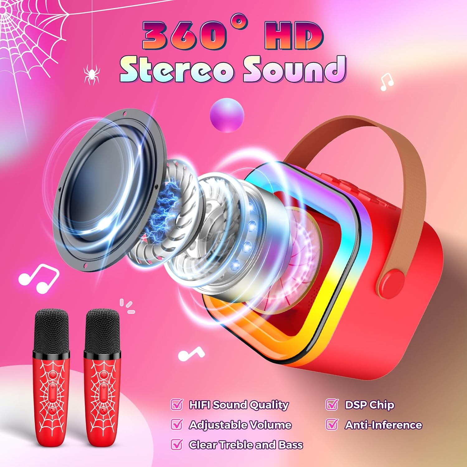 Mini Spider Karaoke Machine Kids, Vingtank Toys for 4 5 6 7 8 9 Year Old Boys Girls Portable Bluetooth Speaker with 2 Wireless Microphones Gifts for 3-5 6-8 8-12 Year Old Boys Girls Adult Family Party image number 3