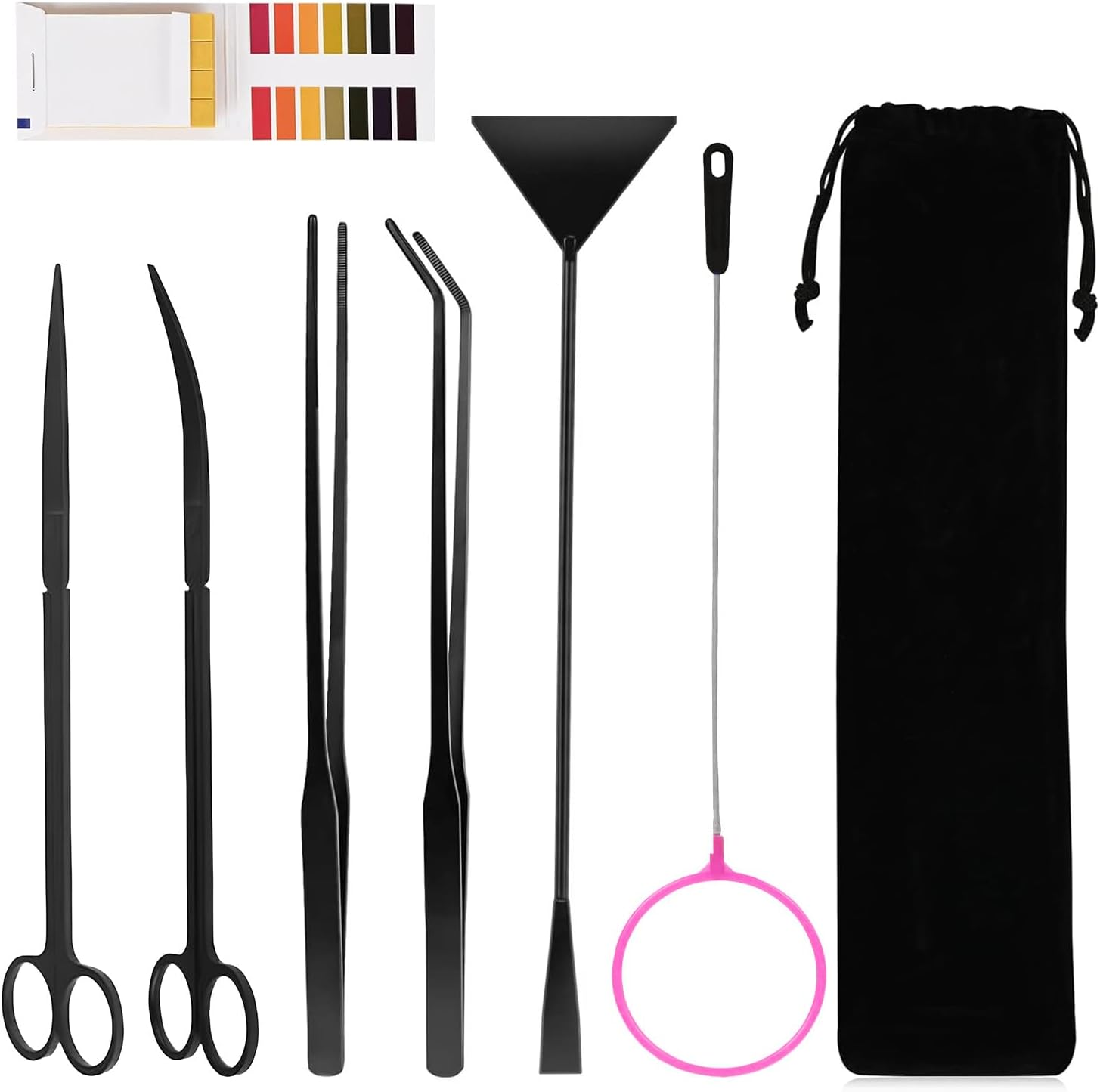 Proxima Direct Aquarium Aquascape Tools Kits, 7 in 1 Anti-Rust Aquatic Plant Aquascaping Tool Stainless Steel Black Tweezers Scissors Spatula with Fishing Net and 80PCS PH Paper for Fish Tank Cleaning