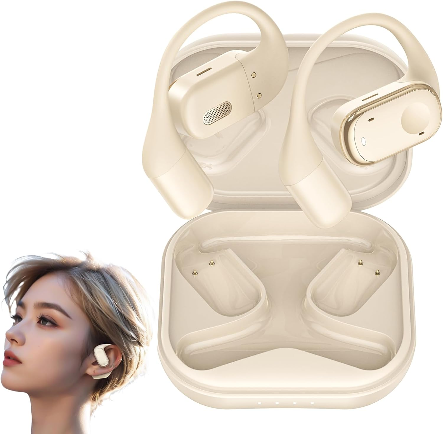 SPOTFISH Open Ear Headphones Bluetooth 5.3, Wireless Earbuds 14.2Mm Enhanced Bass,Immersive Stereo Sound By,Hanging Ear Sports Earphones,4 Mics Clear Calls-Y30 (Beige