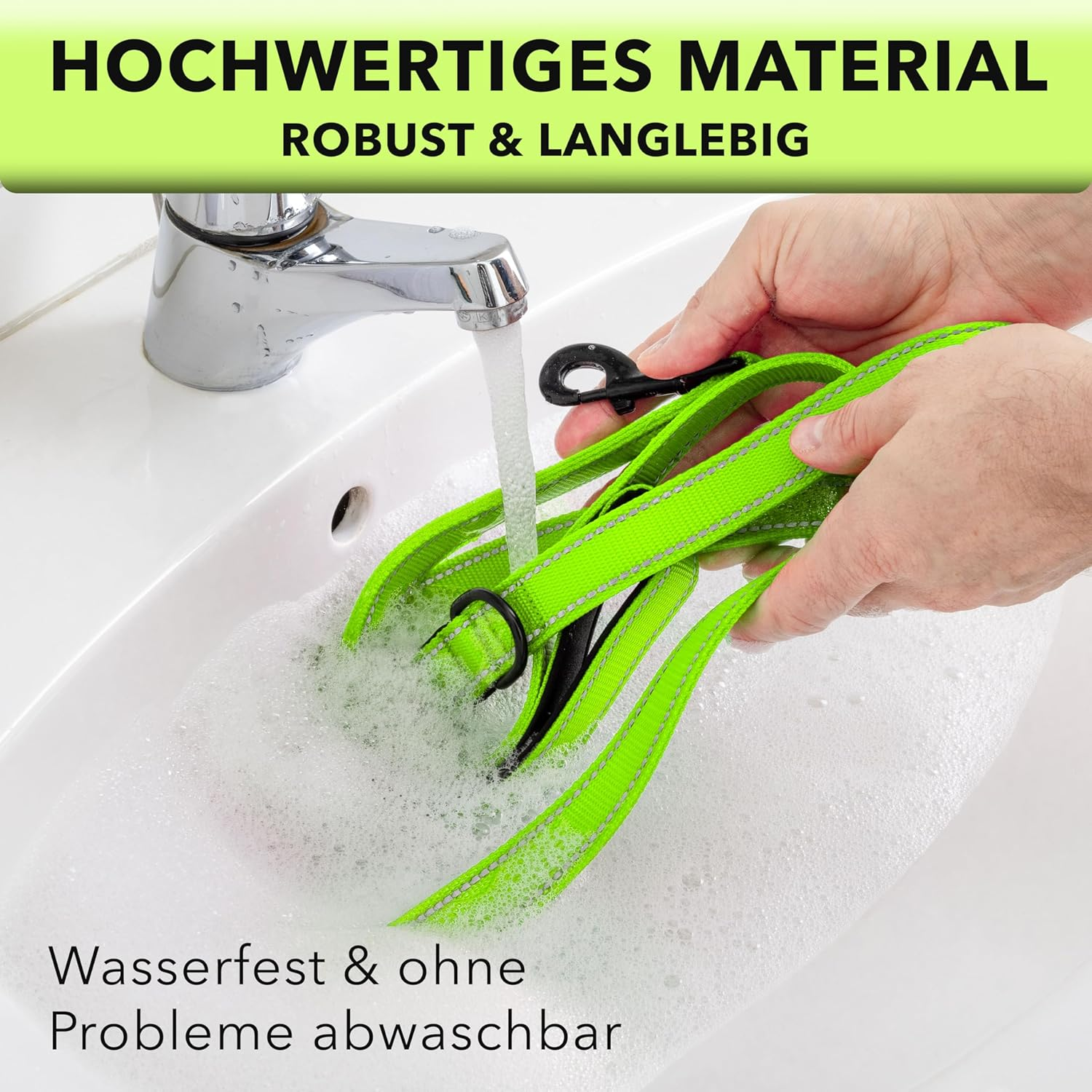 AVANA Reflective Dog Lead with Integrated Short Lead, 2 Hand-Friendly Padded Hand Loops, 1.5 M Long Reflector Nylon Lead for Large and Medium Dogs, Neon Green - Neon Green image number 1