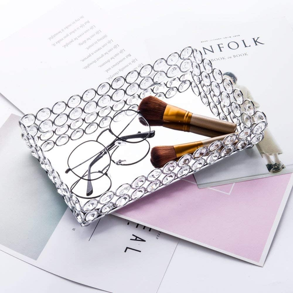 Feyarl Crystal Perfume Tray Gold Mirror Tray Rectangle Decorative Trays Jewelry Trinket Cosmetic Organizer Trays for Dresser Home