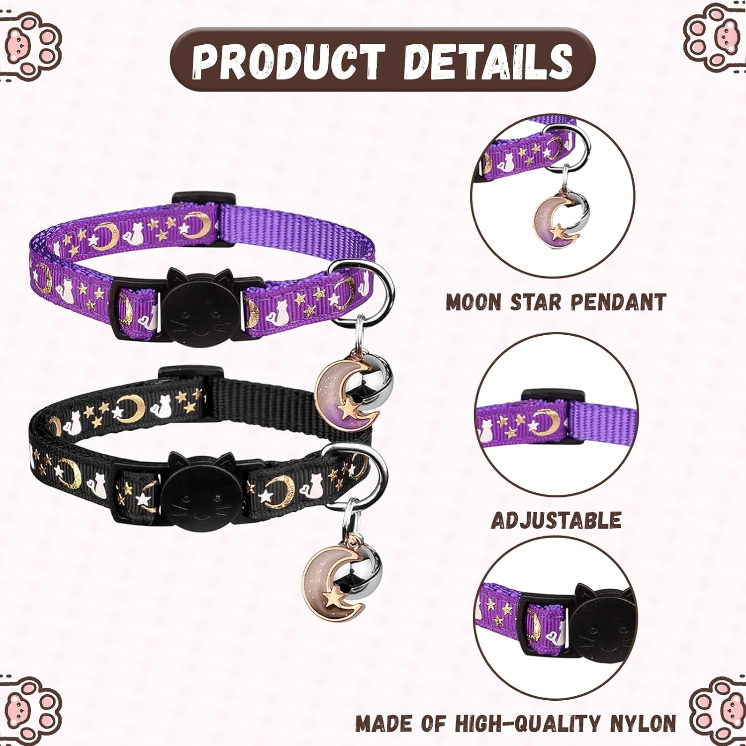 2Pcs Breakaway Cat Collar,Cat Collar with Bell,Cat Collar Airtag,Kitten Collar,Cat Collars,Moons Stars Cute Kitty Adjustable Safe Kitten Collars with Pendant Glow in the Dark(Black&Purple) image number 1
