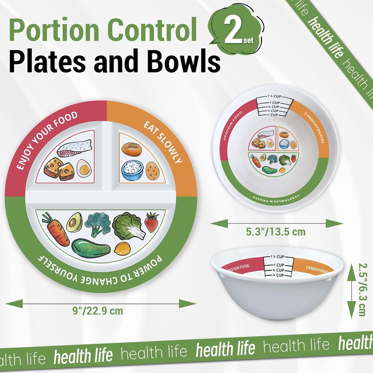 Viynran 4 Pcs Portion Control Plates & Bowls Set (9 Inch), Self-Measuring for Weight Loss, Gastric Bypass, Lapband, Diabetes, & Healthy Diets, Divided Nutrition Plates for Adults & Children image number 6
