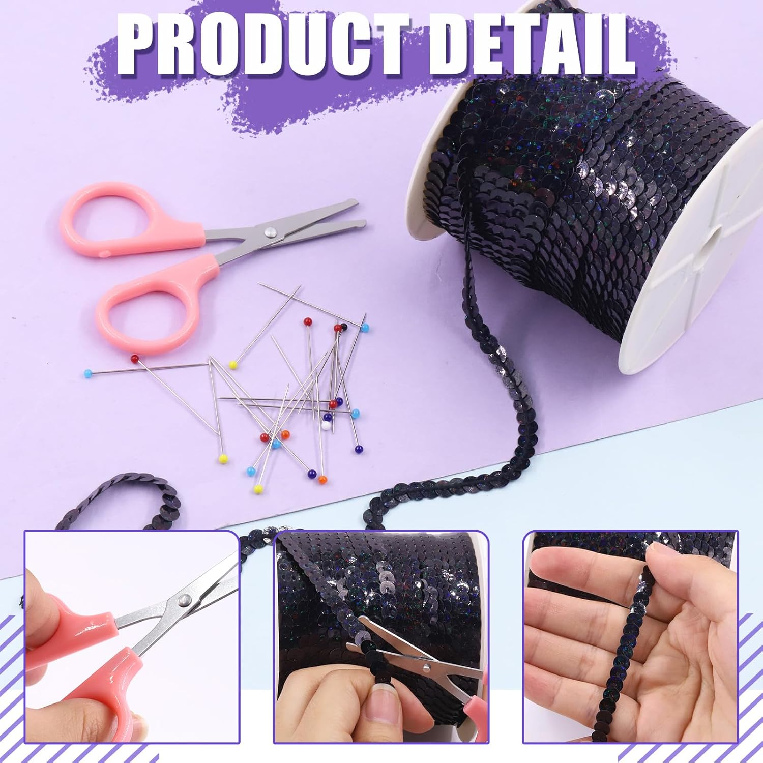 Swpeet 6Mm 100 Yard Black Flat Sequin Strip Teal Sequins Trim Paillette on a Roll and Map Push Pins with Scissors Assortment Kit, Fabric Metallic Stretch Teal Sequin Elastic Trim Embellishments image number 6