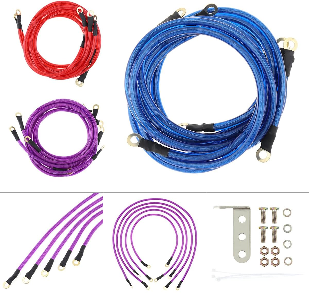 5 Point Car Universal Earth Ground Cables Grounding Wire System Kit High Performance Improve Power for Car Truck, Blue - Purple image number 6