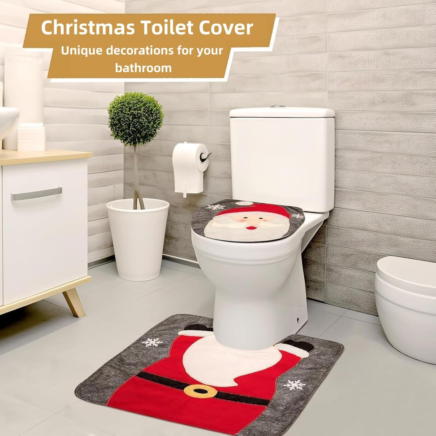 1 Piece Christmas Toilet Seat Cover Set, Bathroom Decor with Santa Design, Red Toilet Rug Mat and Tank Cover for Holiday Home Decorations image number 5