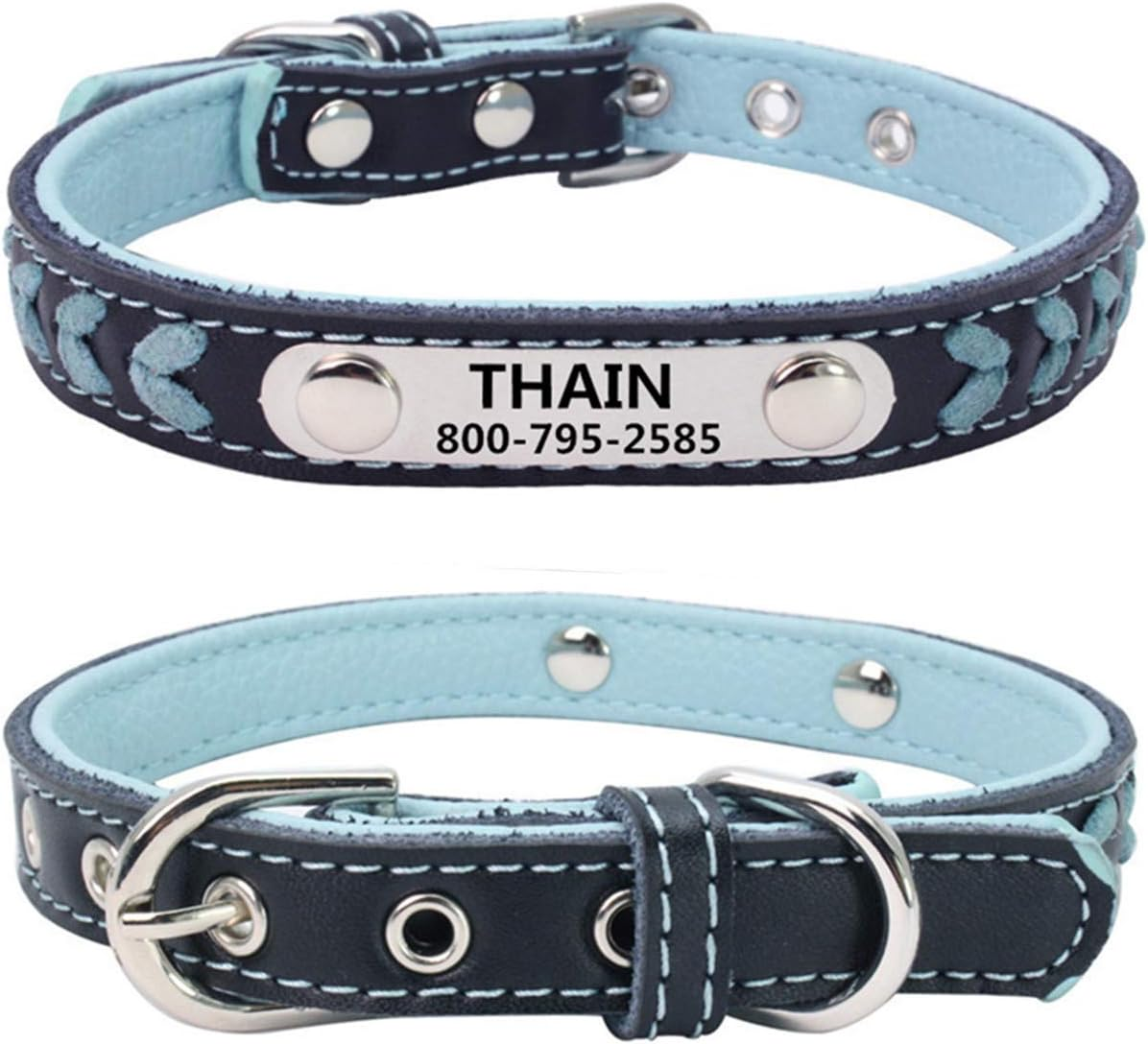 THAIN Leather Custom Collar,Braided Leather Engraved Dog Collars with Personalized Stainless Steel Nameplate for Small Medium Large Dogs (L(Neck 14.17"-18.11"), Yellow)