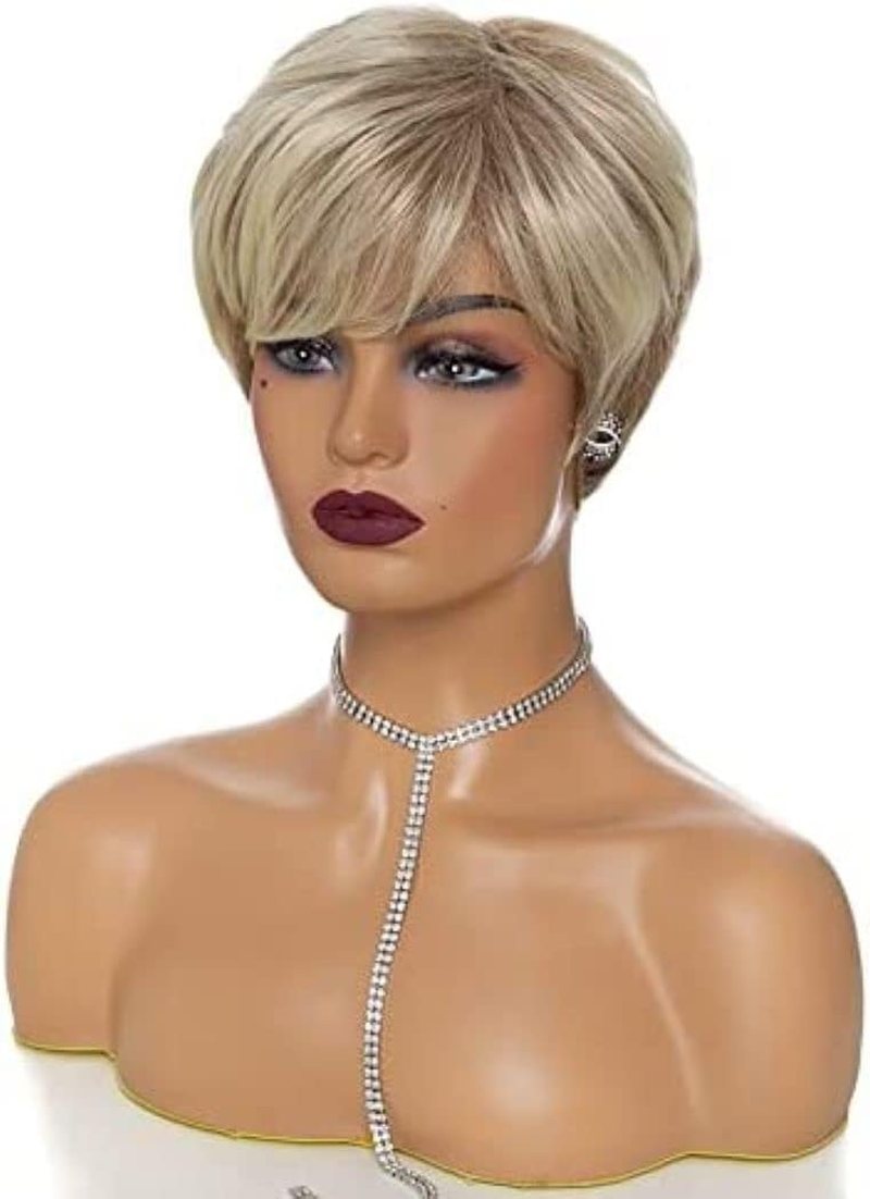 AIYLMZ Short Straight Blonde Women Bob Wigs Golden Pixie Cut Natural Looking Synthetic Wigs with Side Fringe for Women (Blonde)