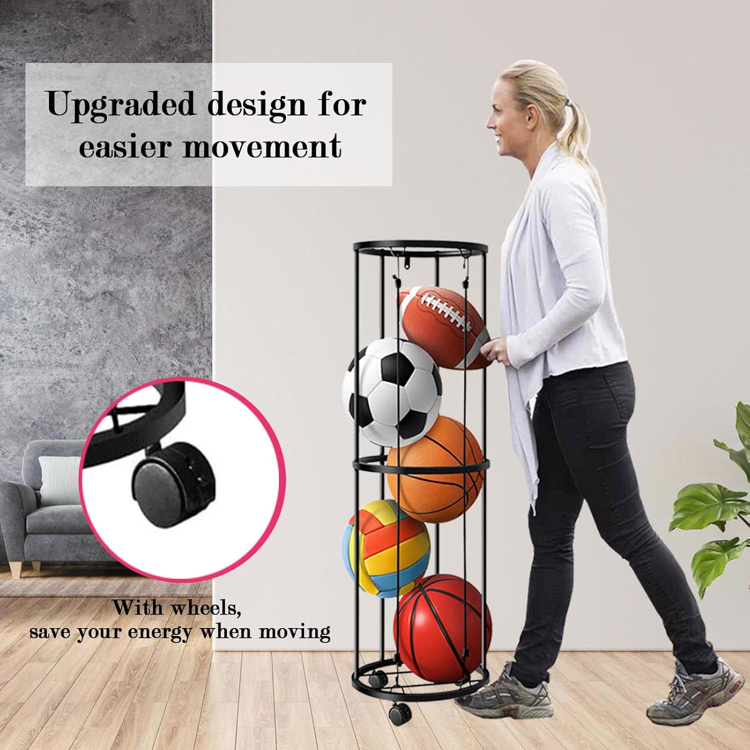Ball Storage,Sports Equipment Organizer,Columnar Vertical Basketball Holder,Ball Rack with Wheels,Ball Holder for Basketball, Soccer, Football, Volleyball image number 5
