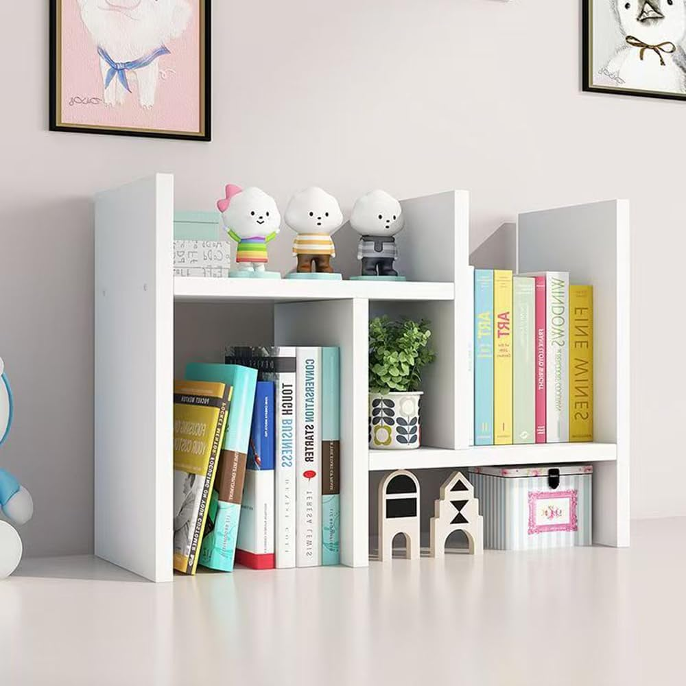 Hbluefat Small Desktop Organizer Bookshelf Bookcase, Mini Adjustable Wood Countertop Rack, Desk Display Storage Shelf for Home Office (White) image number 4