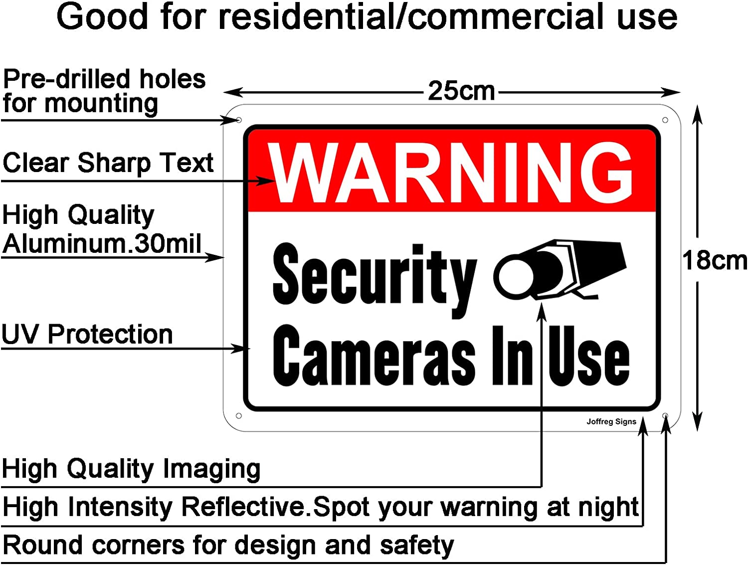 Joffreg Warning Security Cameras in Use,Video Surveillance No Trespassing Sign,18 X 25 Cm,Reflective Aluminum,Uv Protected,Weatherproof and Fade Resistant,Easy to Install,Outdoor or Indoor Use,2 Pack image number 3