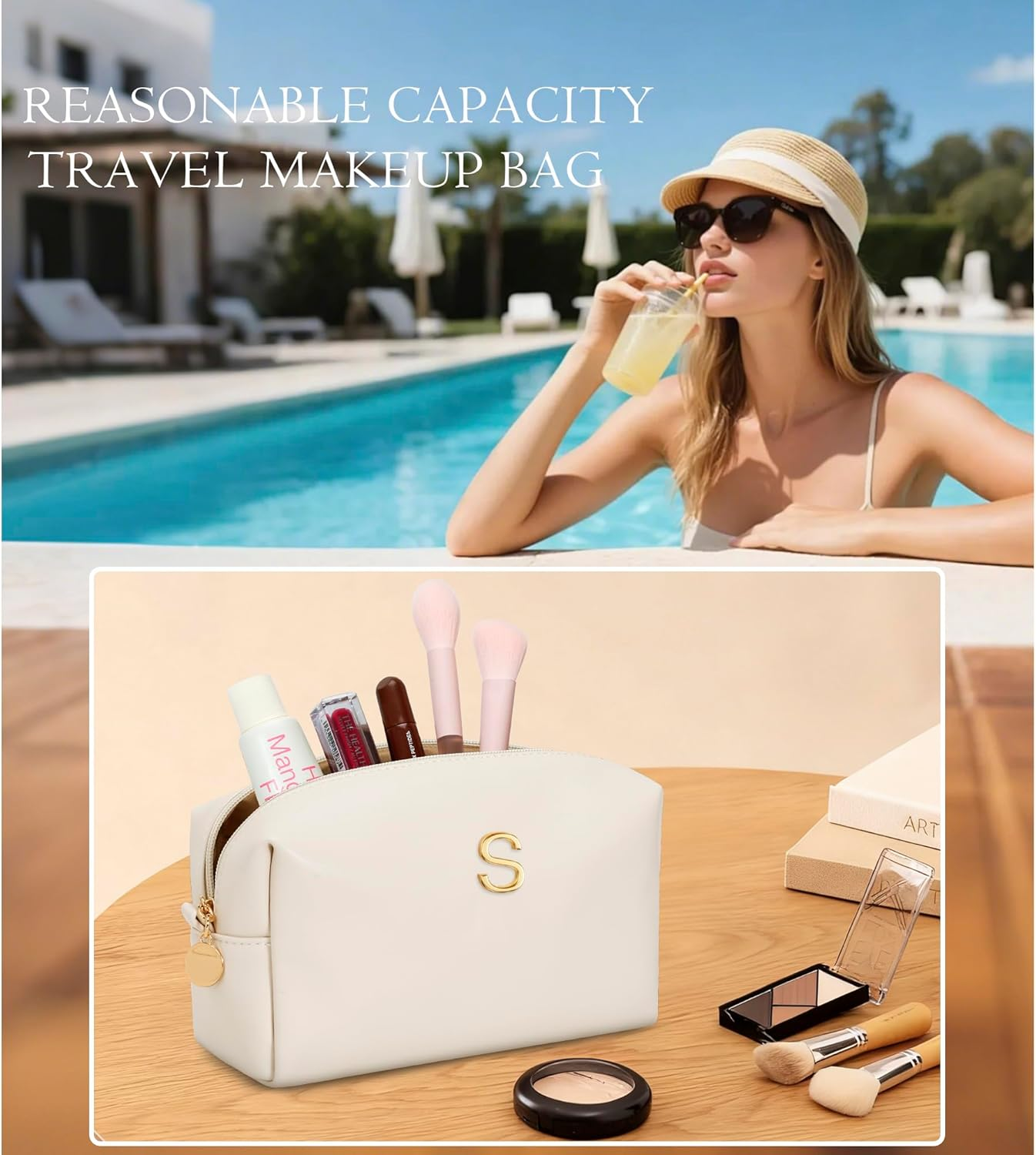 CLOUDWINGS Initial Makeup Bag Vegan Leather Cosmetic Bag, Beige image number 3