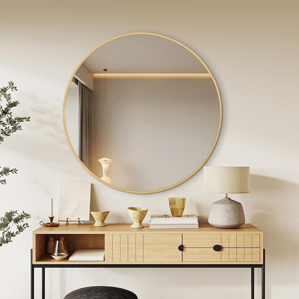 Modern round Rose Gold Wall Mirror 80Cm X 80Cm Aluminium Alloy Frame Sleek Contemporary Design Living Room Bedroom Bathroom D&eacute;cor image number 1