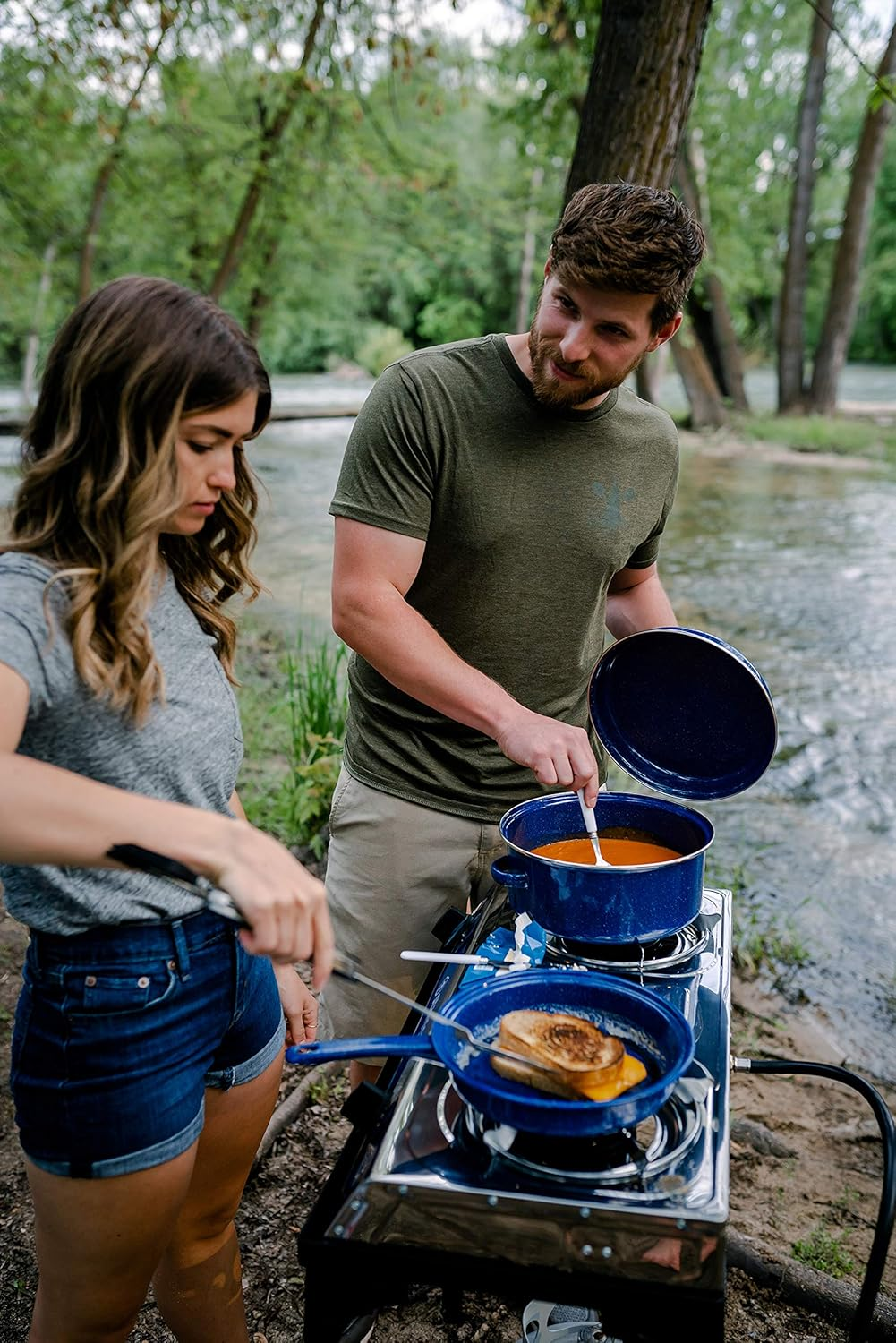 Stansport Enamel Cook Pot with Lid, 5 Quart, Blue/White image number 3