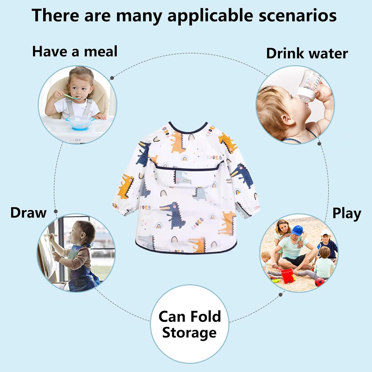 3 Pcs Long Sleeve Baby Bibs Set, Baby Smock Bib Infant Feeding Bibs with Food Catcher Pocket Waterproof, Wipe Clean Fit Toddler 3-24 Months image number 3