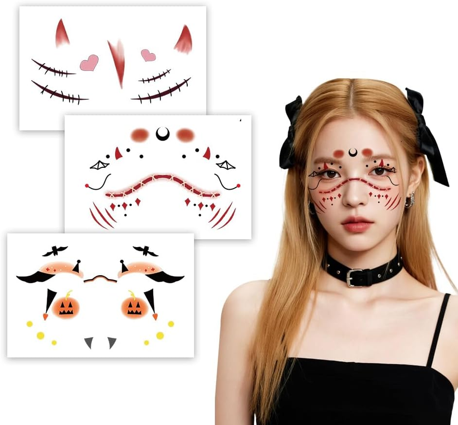 Halloween Face Eye Tattoo Sticker Pumpkin Bat Costumes Accessories for Women Halloween Cosplay Masquerade Party Bloody Eyeliner Stickers Temporary Makeup Tattoos for Girls