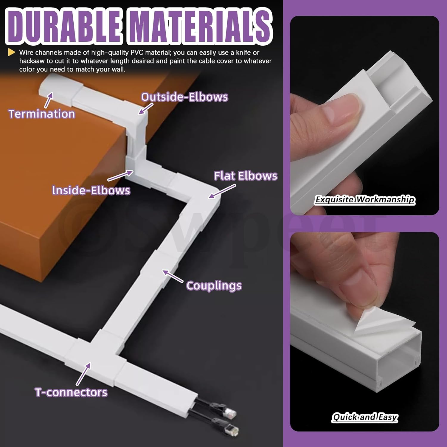 Swpeet 22Pcs 10 &times; W 0.96In &times; H 0.57In Paintable Cord Hider Kit, Cable Hider Cover Raceway Cord Management Cable Concealer Cord Covers for Wires on Wall Mounted TV image number 1