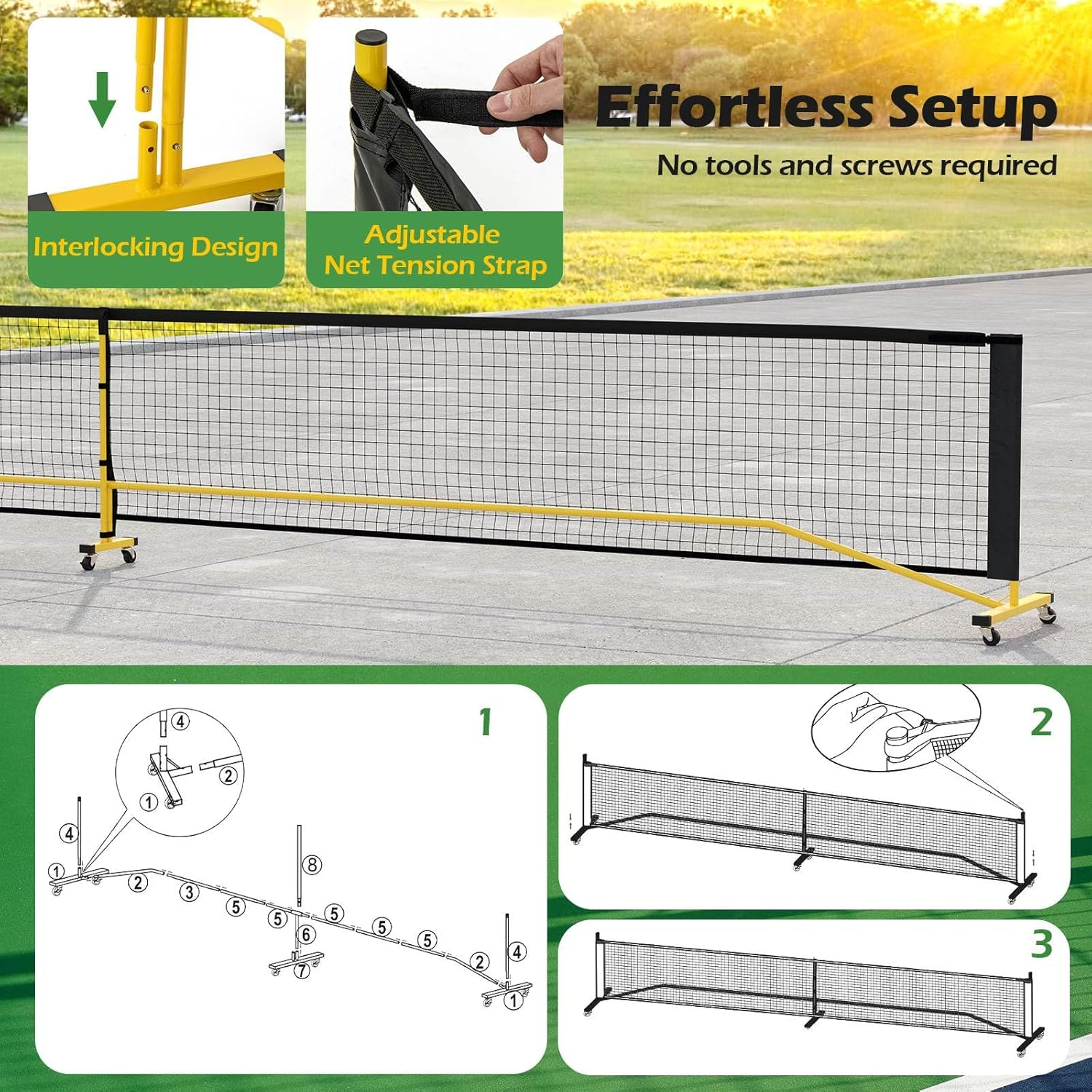Costway Portable PE Pickleball Net, 6.75M Regulation Size Pickle Ball Net System W/6 Lockable Wheels, Heavy-Duty Metal Frame & Carry Bag, Ideal for Outdoor Indoor Driveway Backyard