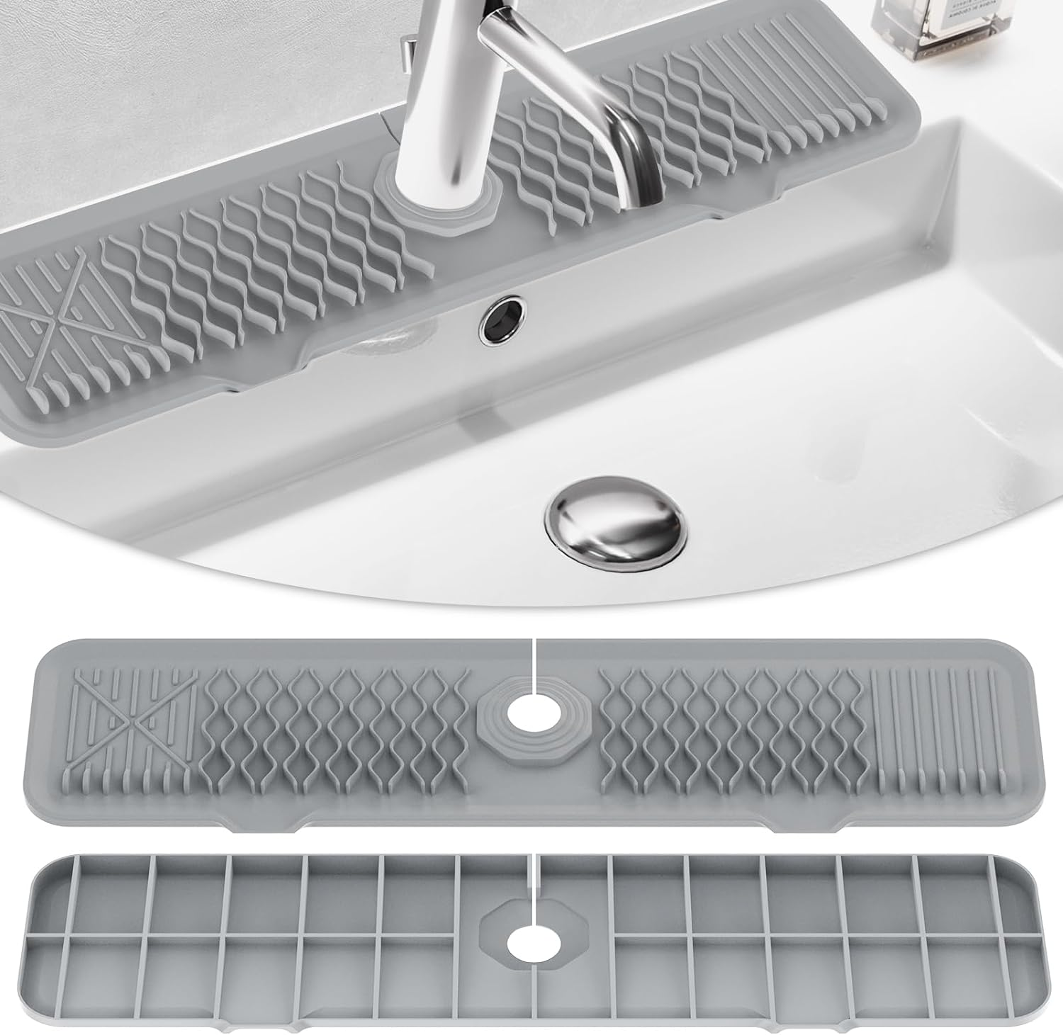 61CM Long Sink Splash Guard Mat, Faucet Handle Drip Catcher Tray, Countertop Dish Drying Mats Kitchen Sink Gray image number 4