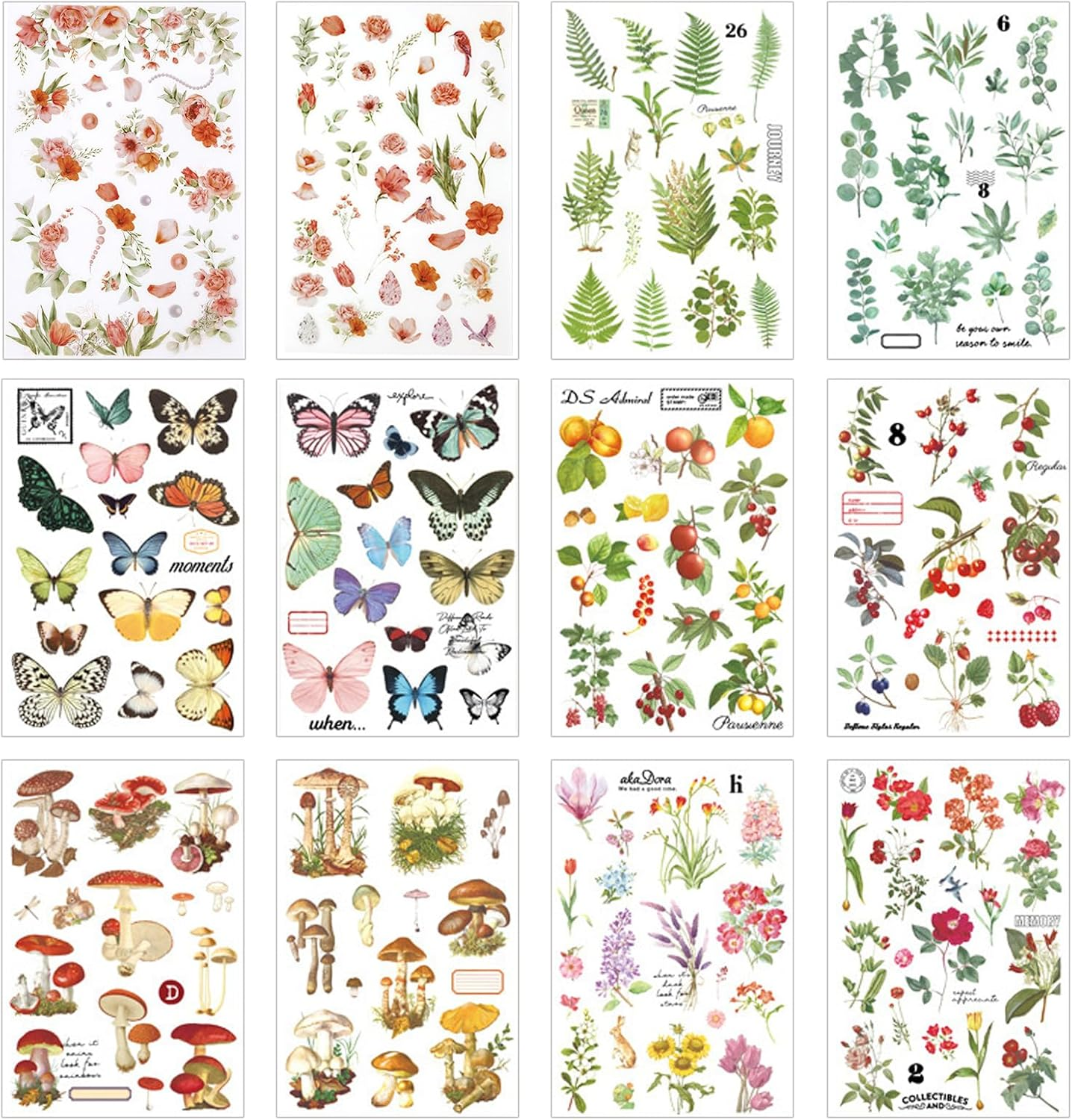 12 Sheets Rub on Transfers for Furniture Crafts Vintage Rub on Transfer Stickers Flower Plant Mushroom Butterfly Berry Stickers for Wood Fabric Furniture Decals for Home Office Scrapbooking Journals image number 1