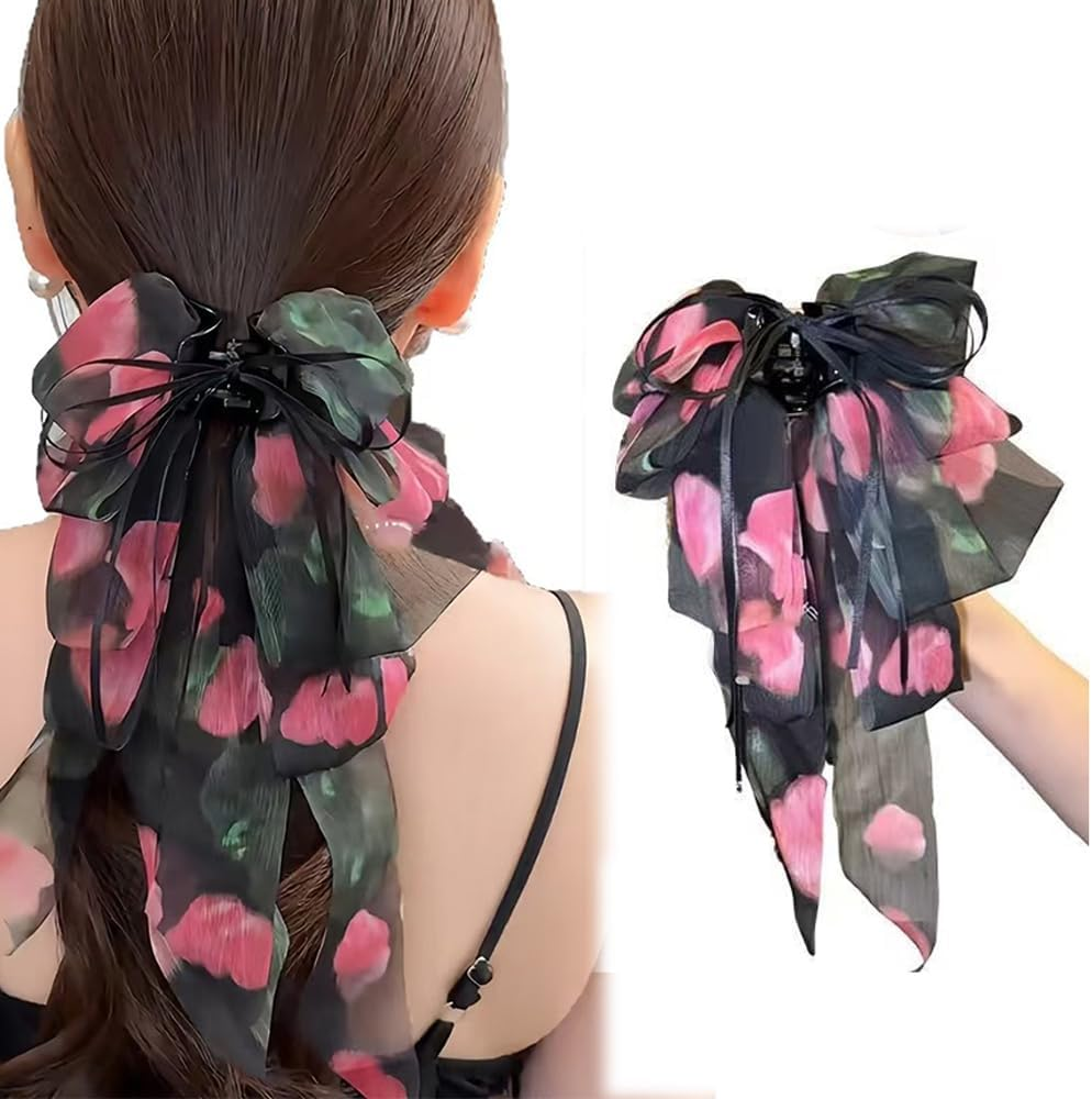 Large Bow Hair Clips with Long Ribbon Soft Broken Chiffon Ponytail Holder Shape for Women (Pack of 1) image number 5