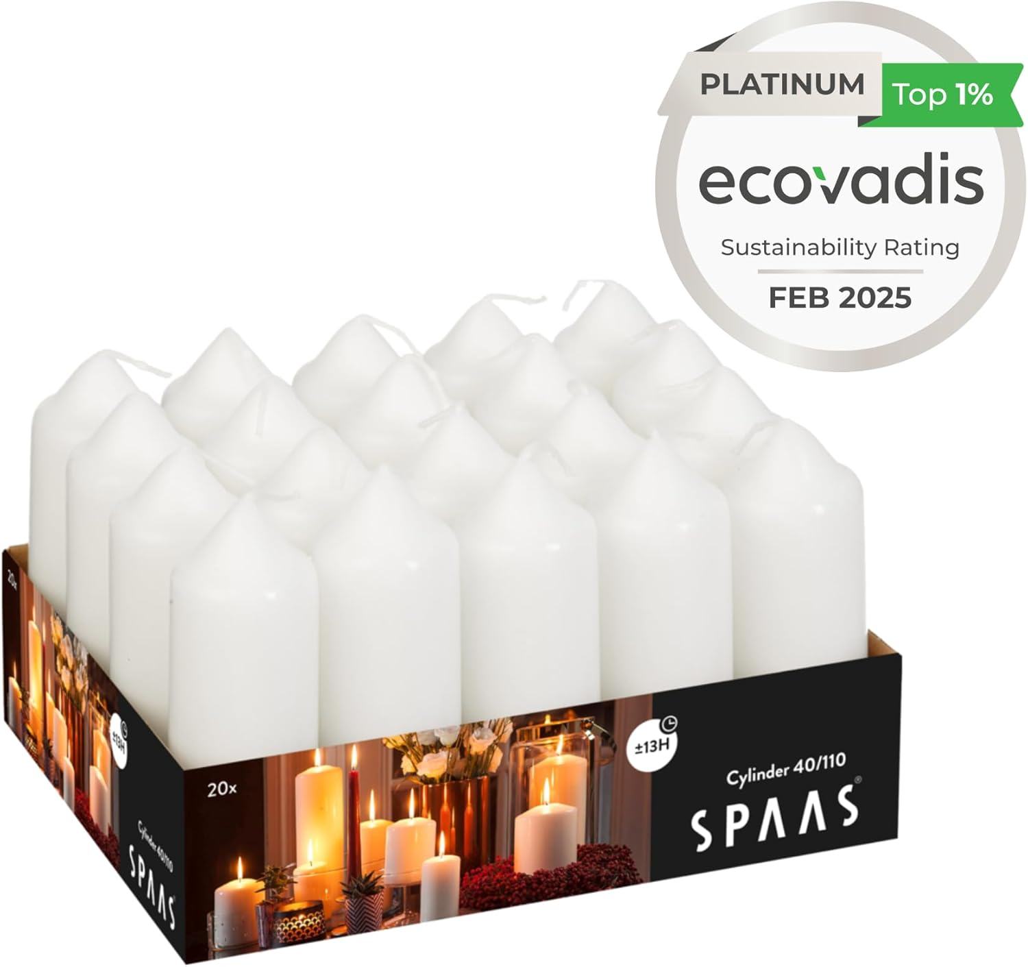 Spaas Tray of 20 Unscented Pillar Candles 40/110 Mm, 13 Hours, White image number 3