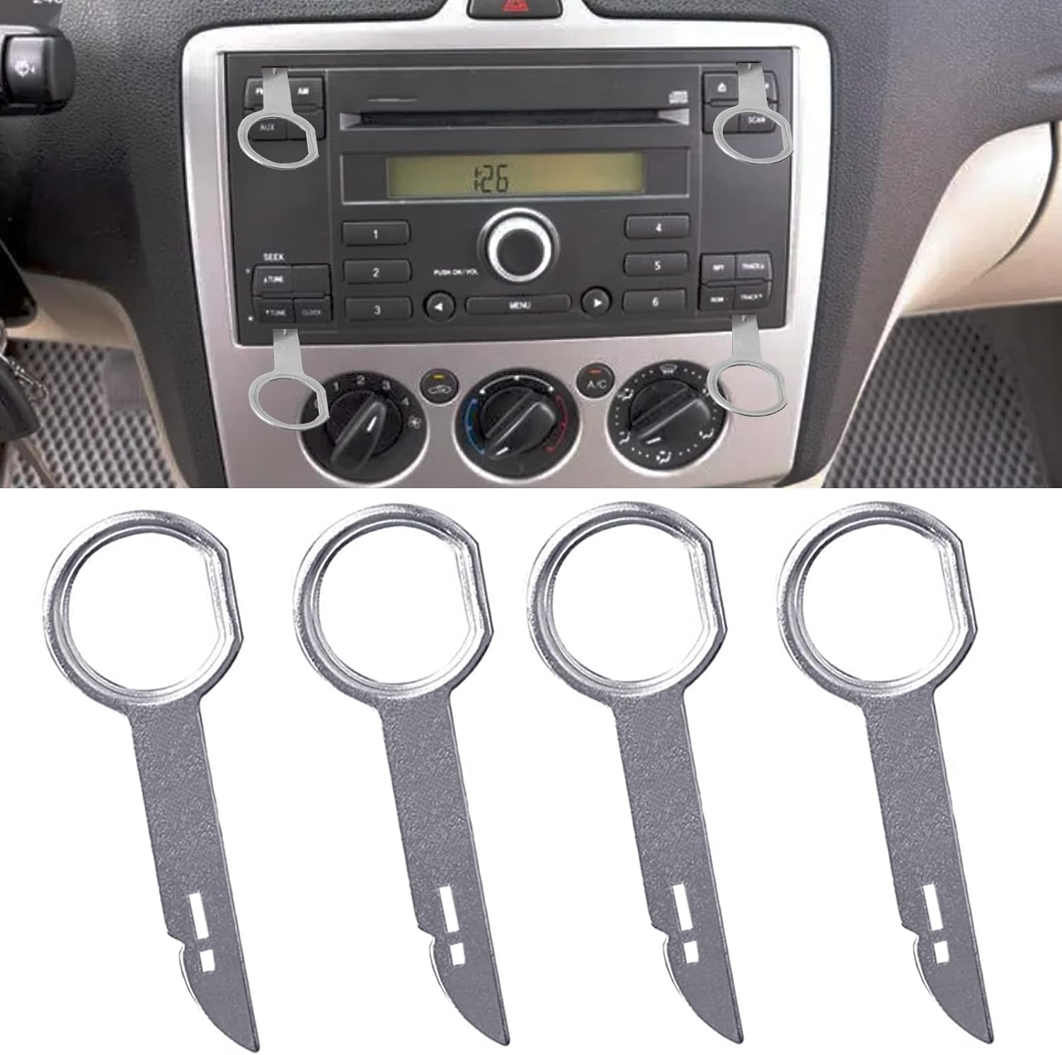 4 Pieces Radio Removal Tool Kit, Contact Removal Tool with Easy Grip Handles, Compatible with Audi, VW Volkswagen, Mercedes Benz, BMW OEM Head Unit CD DVD Host Key Disassembly Tool image number 2