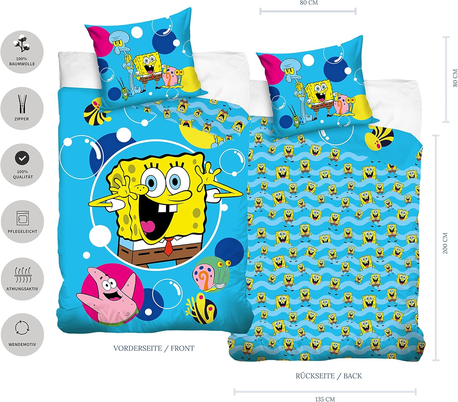 Mtonlinehandel Squarepants Bed Linen Duvet Cover 135 X 200 Cm 80 X 80 Cm Cotton &middot; Children'S Bed Linen for Girls and Boys &middot; 2-Piece &middot; 1 Pillowcase 80 X 80 Cm + 1 Duvet Cover 135 X 200 Cm